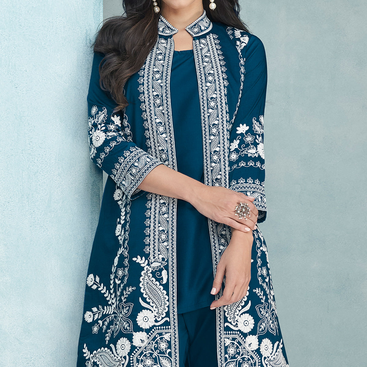 Morpich Floral Embroidered Rayon Kurti Jacket Co Ord Set