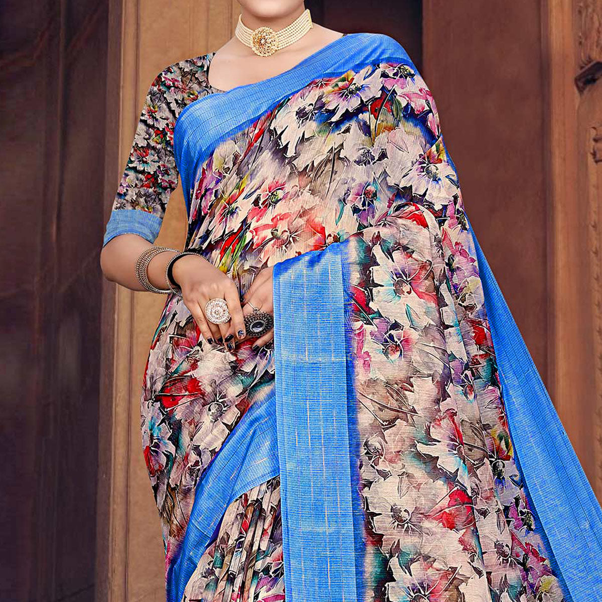 Multicolored Digital Printed Cotton Blend Saree