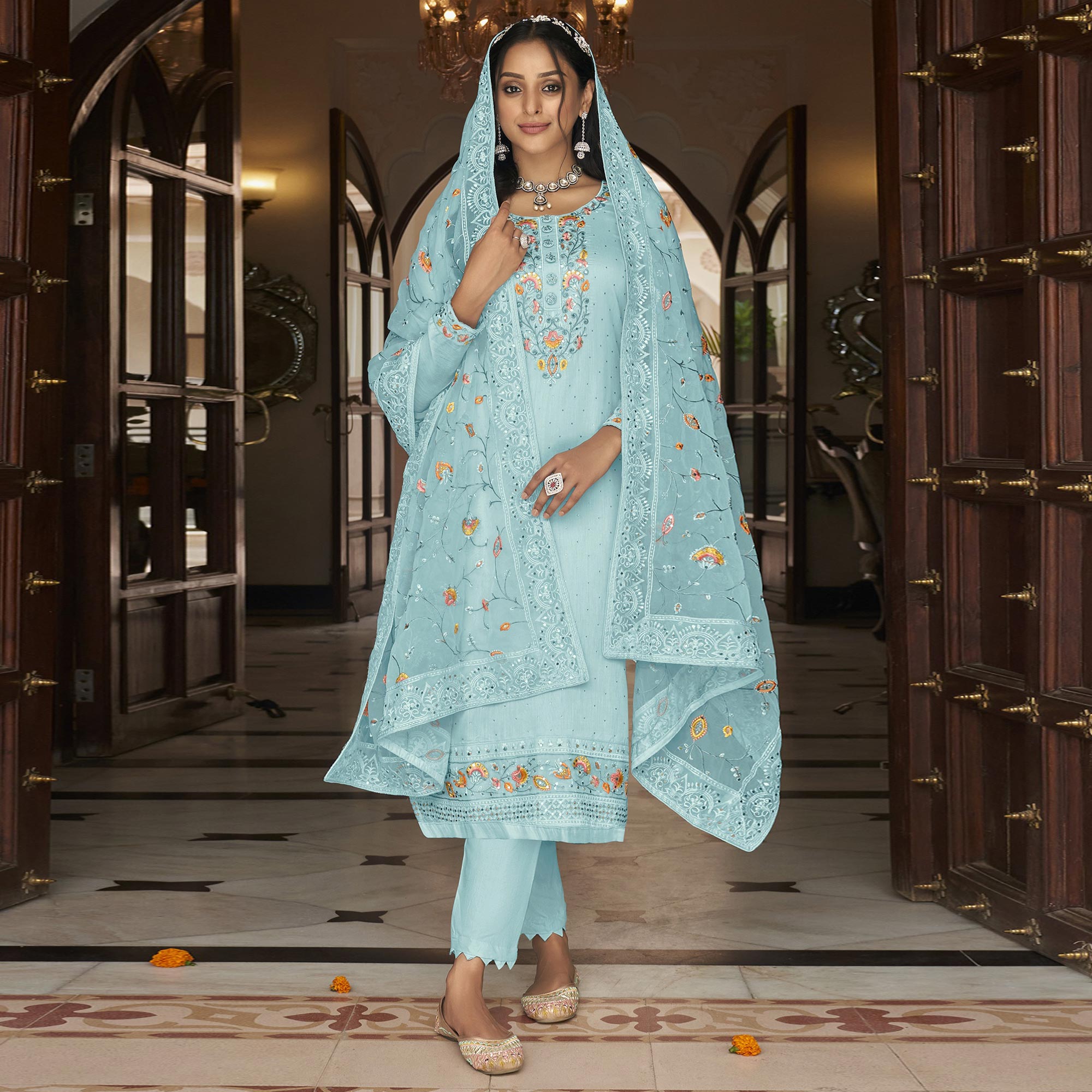 Sky Blue Floral Embroidered Georgette Salwar Suit