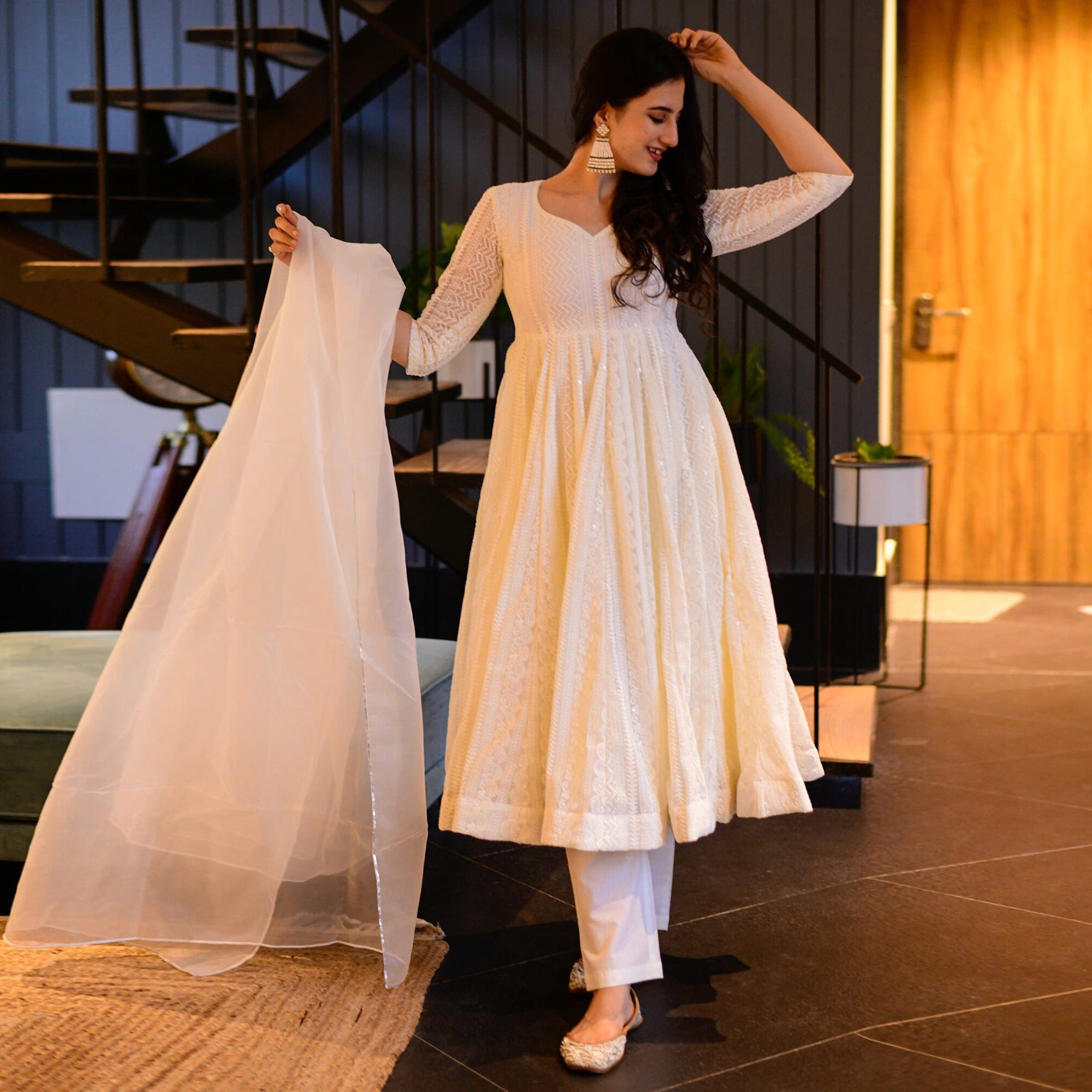 White Lucknowi Chikankari Work Georgette Anarkali Suit