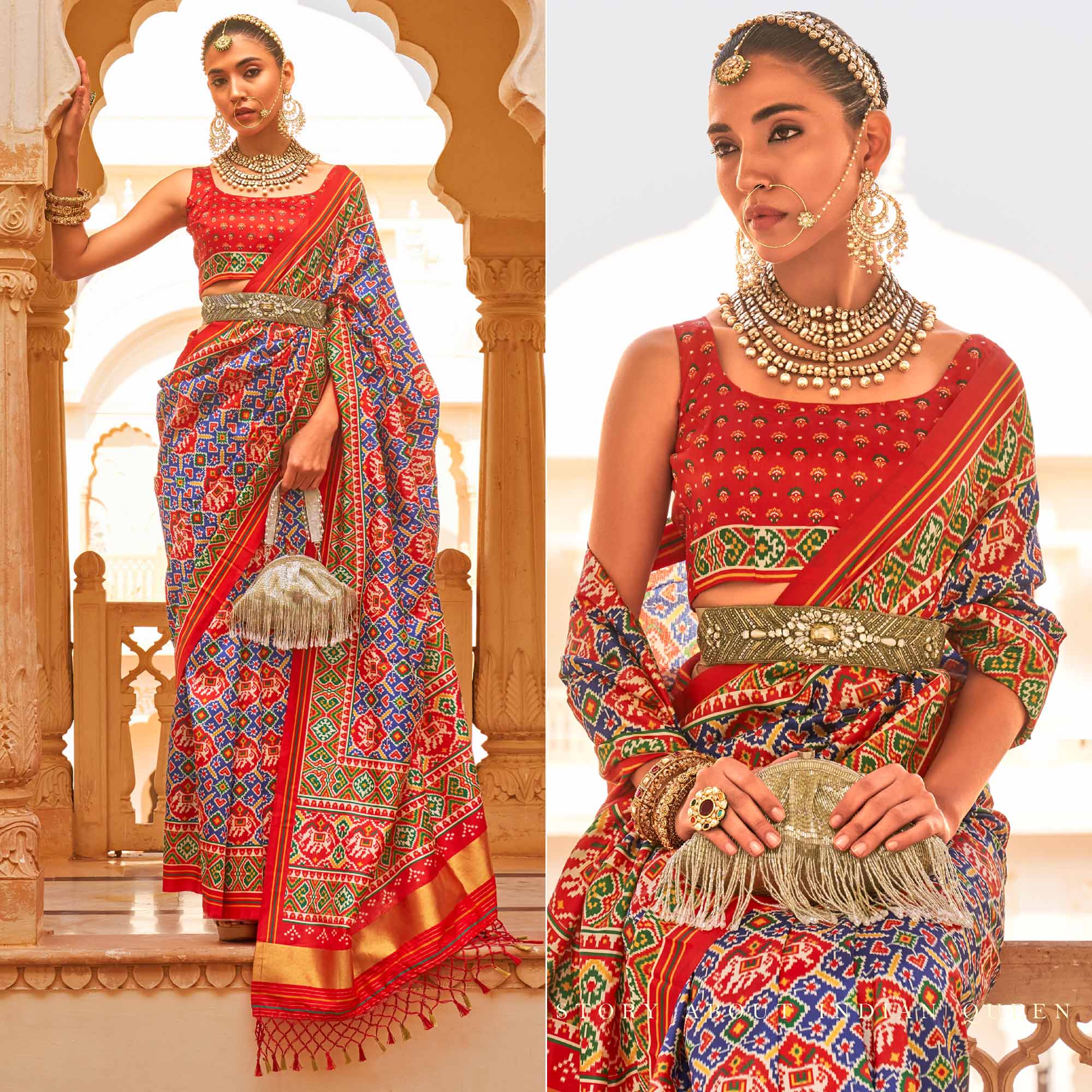 Blue & Red Printed Tussar Silk Saree With Tassels