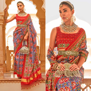 Blue & Red Printed Tussar Silk Saree With Tassels