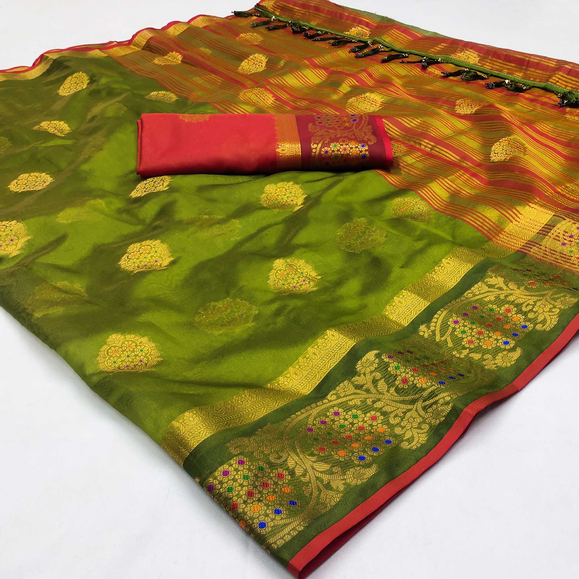 Green Floral Woven Organza Saree With Tassels