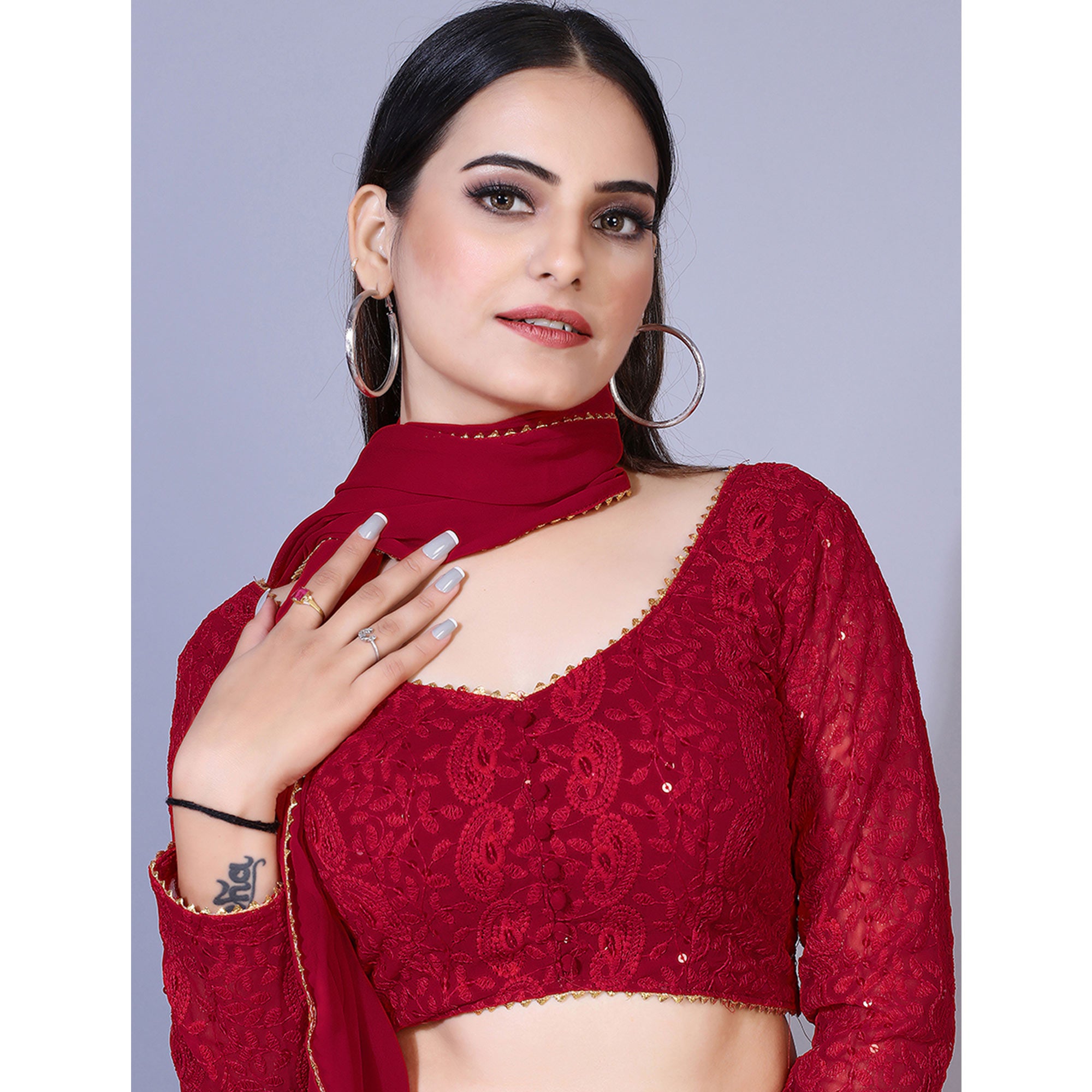 Dark Red Lucknowi Chikankari Work Georgette Lehenga Choli