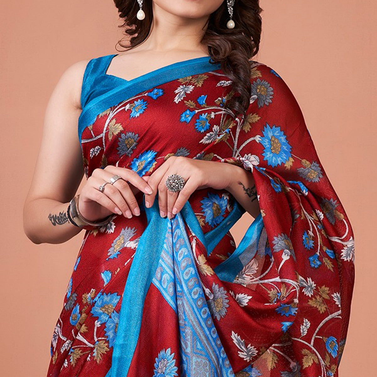 Red Floral Printed Jute Saree With Tassels