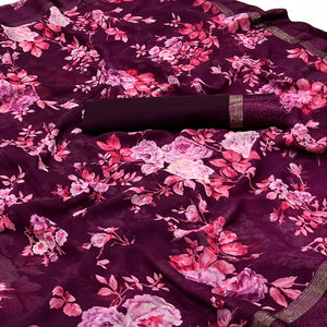 Wine Floral Printed Georgette Saree