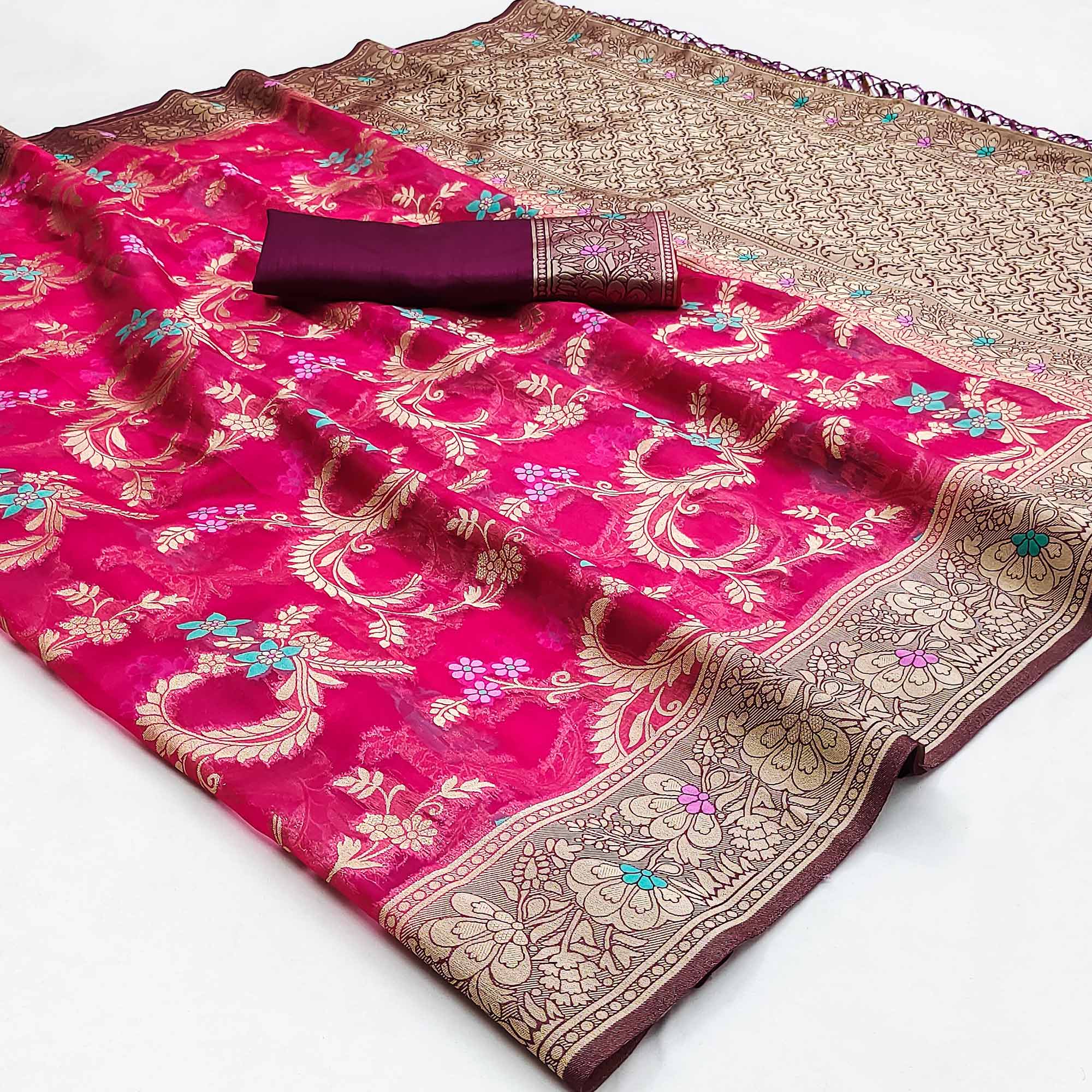Pink Floral Woven Organza Saree With Tassels