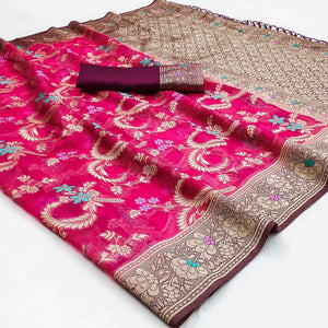 Pink Floral Woven Organza Saree With Tassels