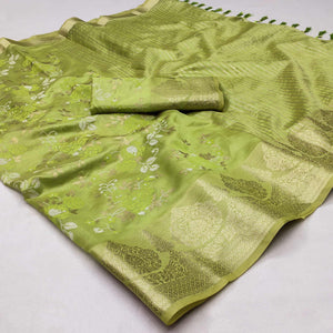 Green Woven Organza Saree With Tassels