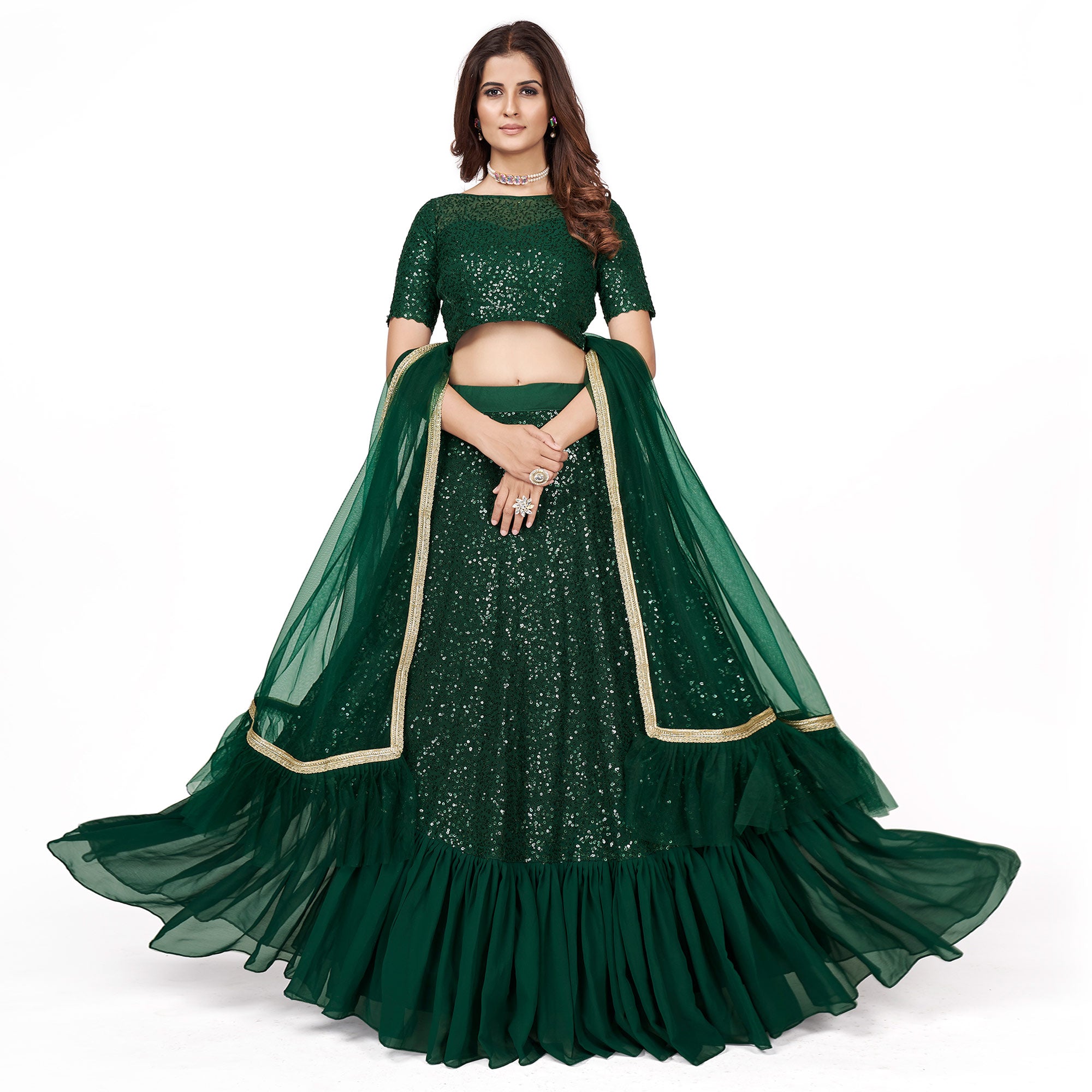 Dark Green Sequins Embroidered Georgette Lehenga Choli