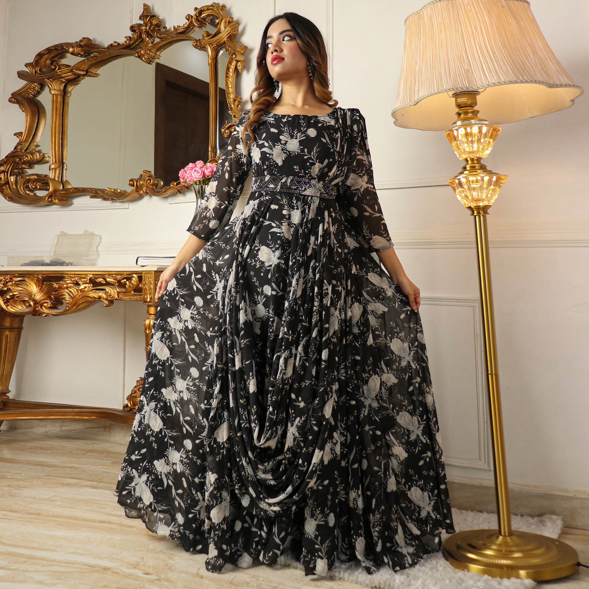 Black Floral Printed With Stone Work Georgette Gown