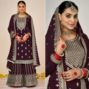 Wine Embroidered Georgette Sharara Suit