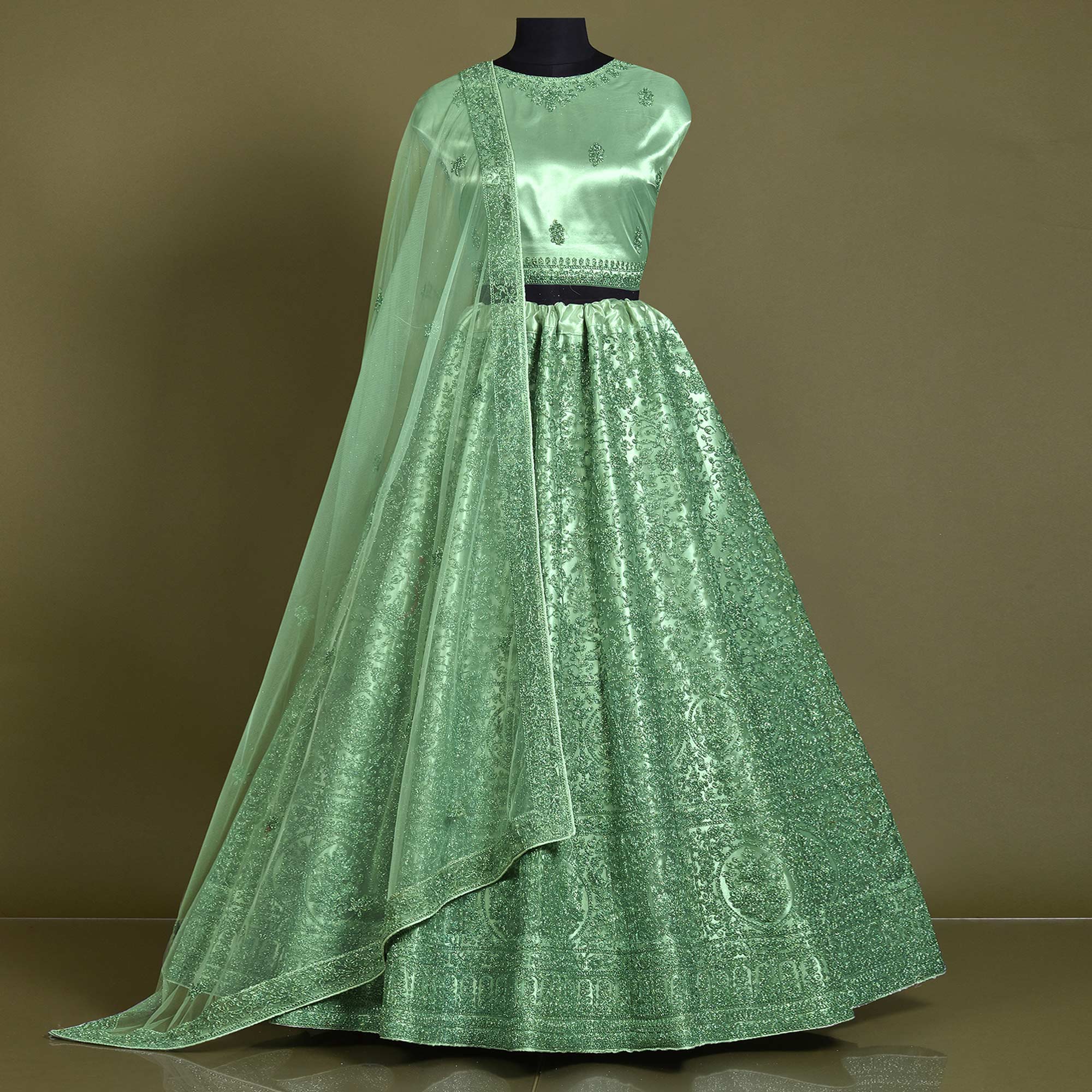 Green Floral Embroidered Net Lehenga Choli