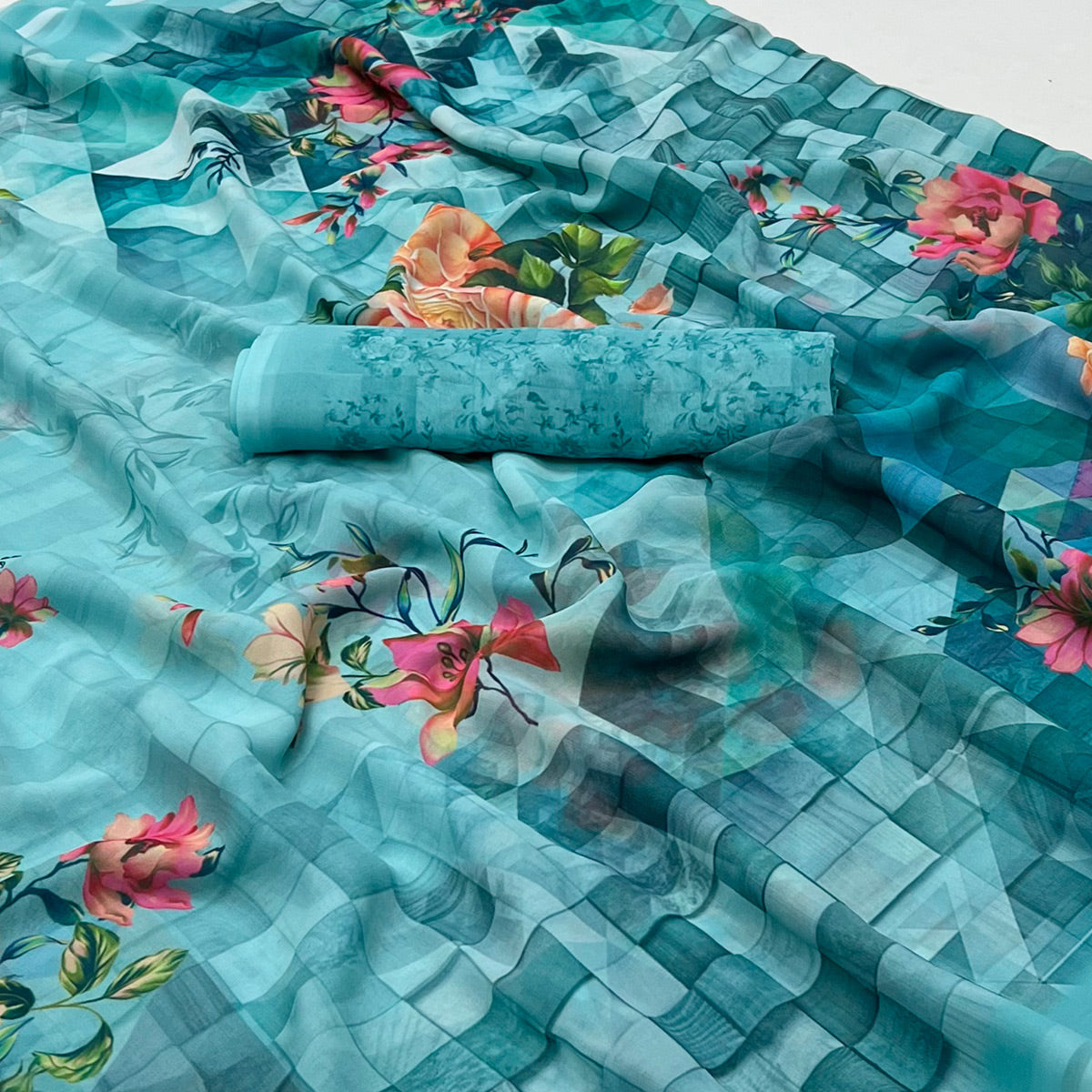 Rama Blue Digital Printed Georgette Saree