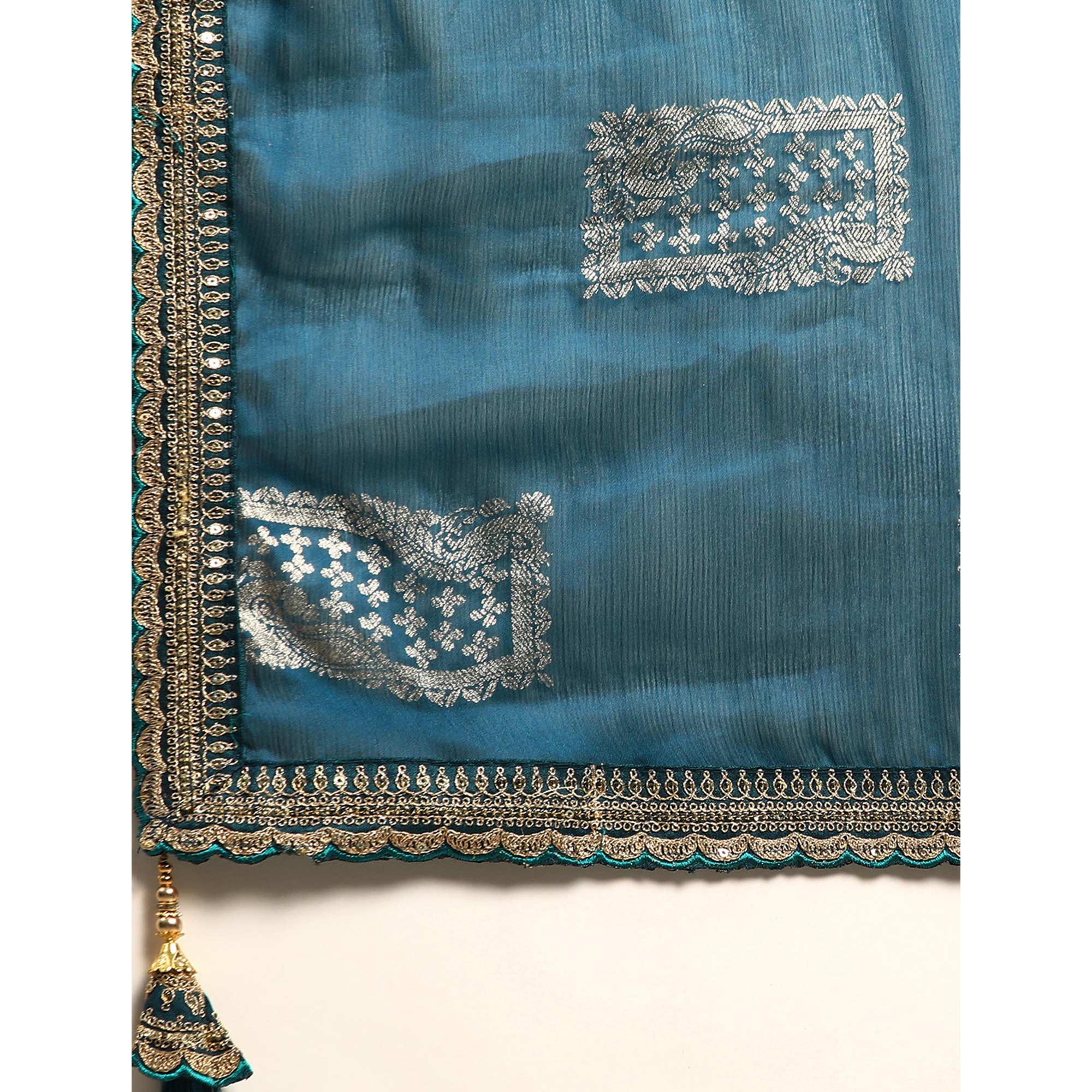 Blue Foil Printed With Embroidered Border Chiffon Saree