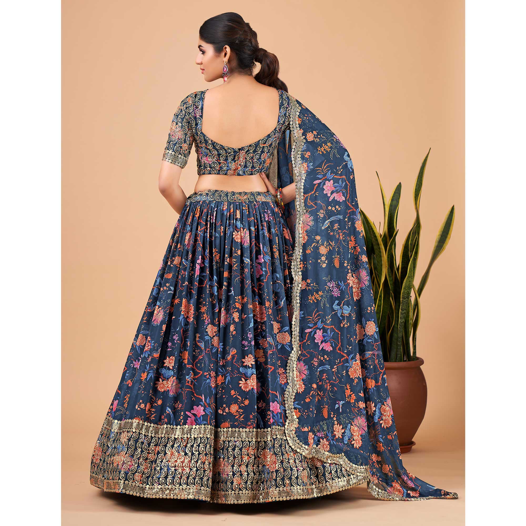 Blue Floral Printed And Sequins Work Georgette Lehenga Choli