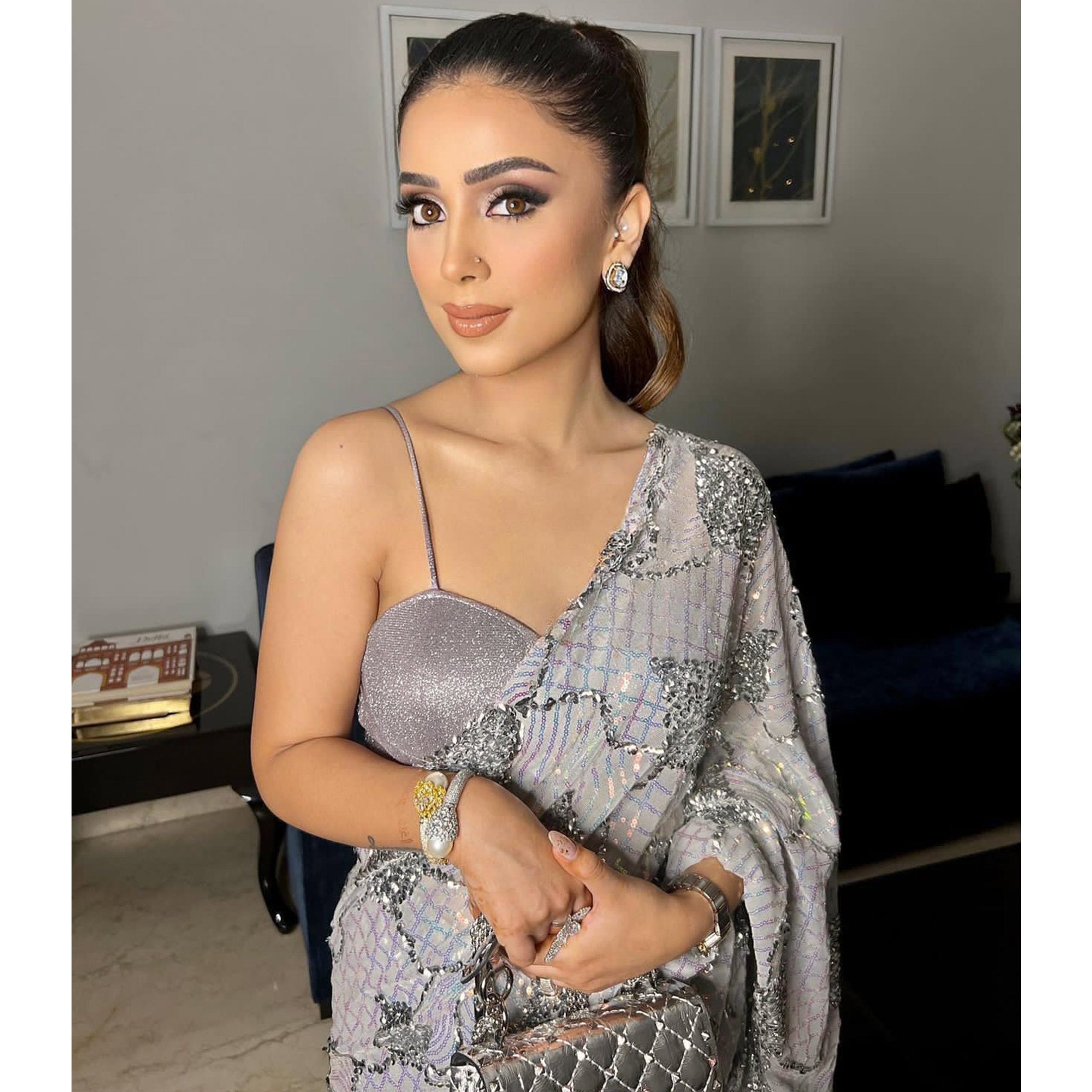 Grey Sequins Work Georgette Saree