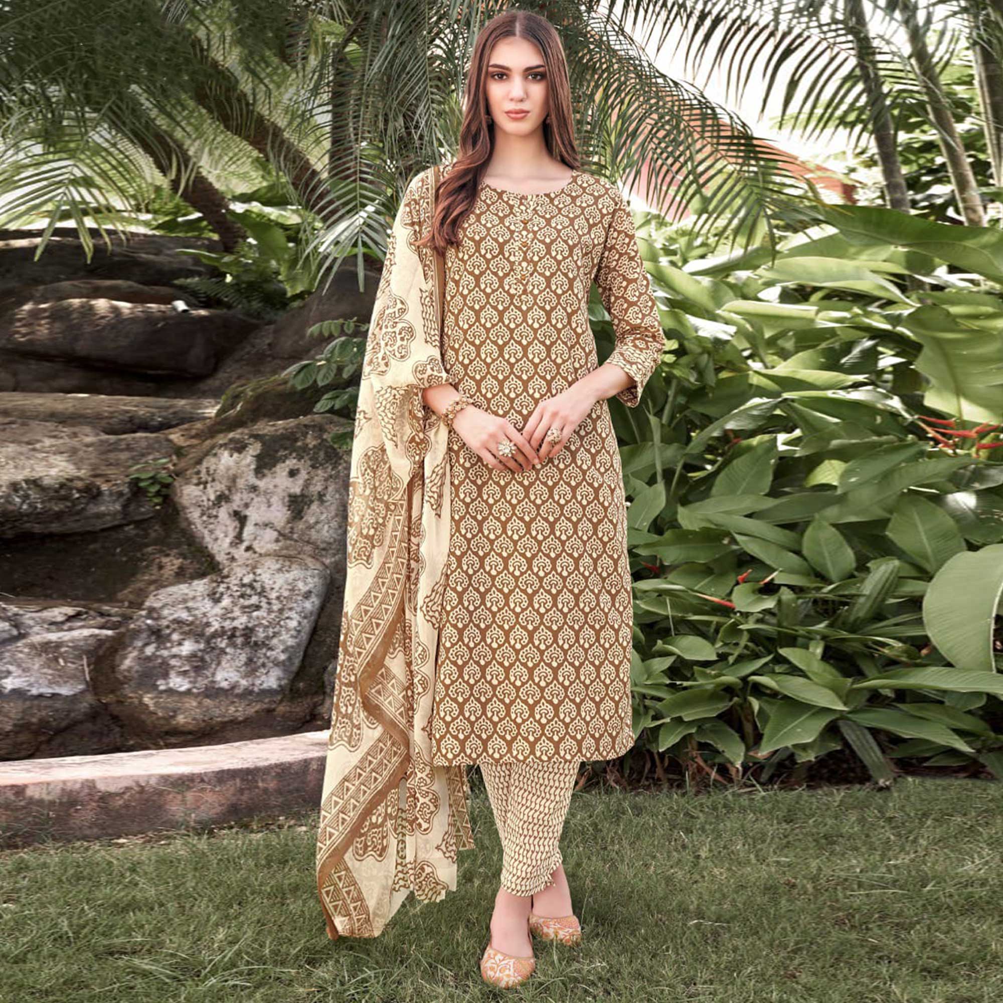 Brown Floral Printed Cotton Blend Suit