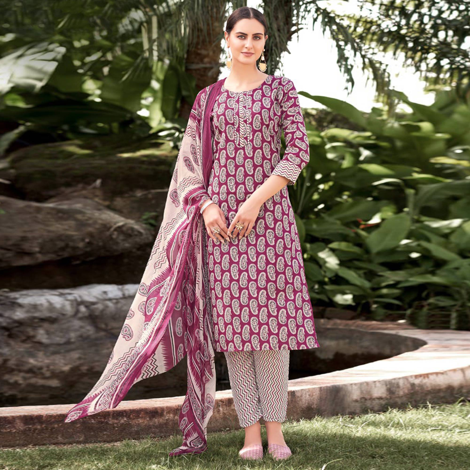 Magenta Pink Printed Cotton Blend Suit