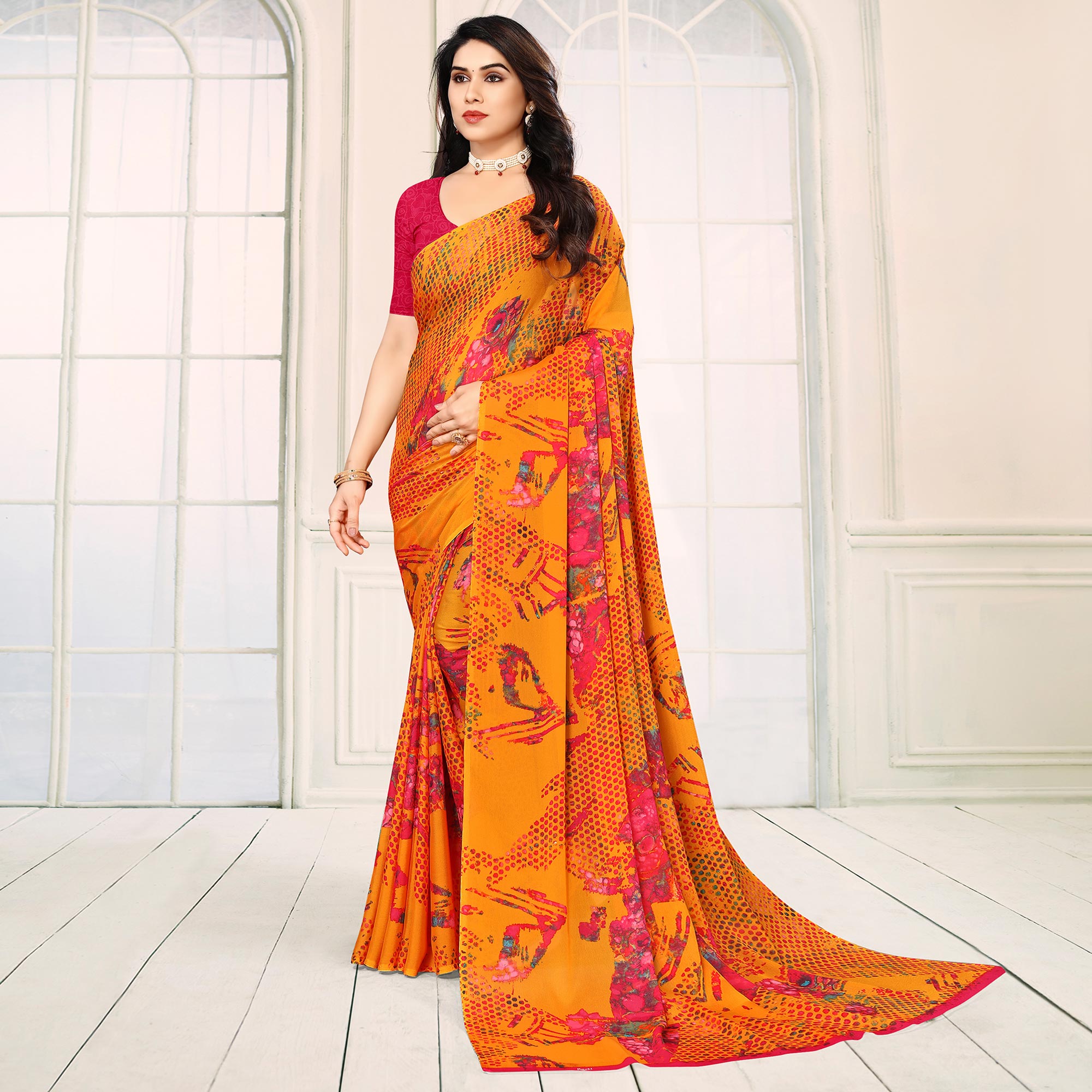 Mustard Printed Georgette Saree