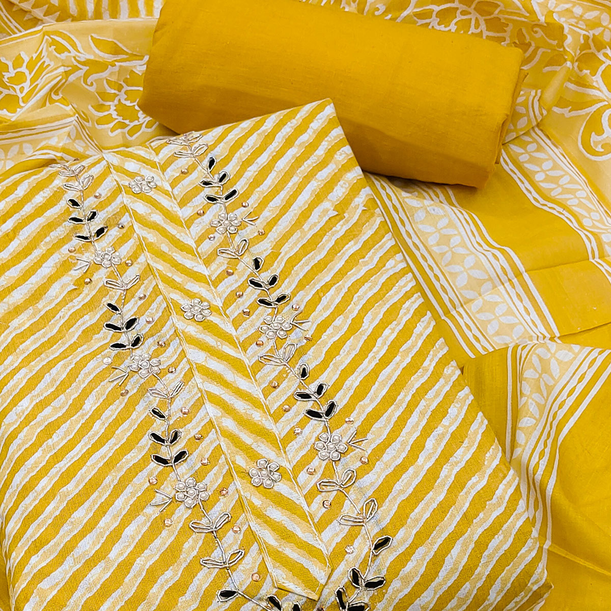 Yellow Striped Printed Pure Cotton Dress Material