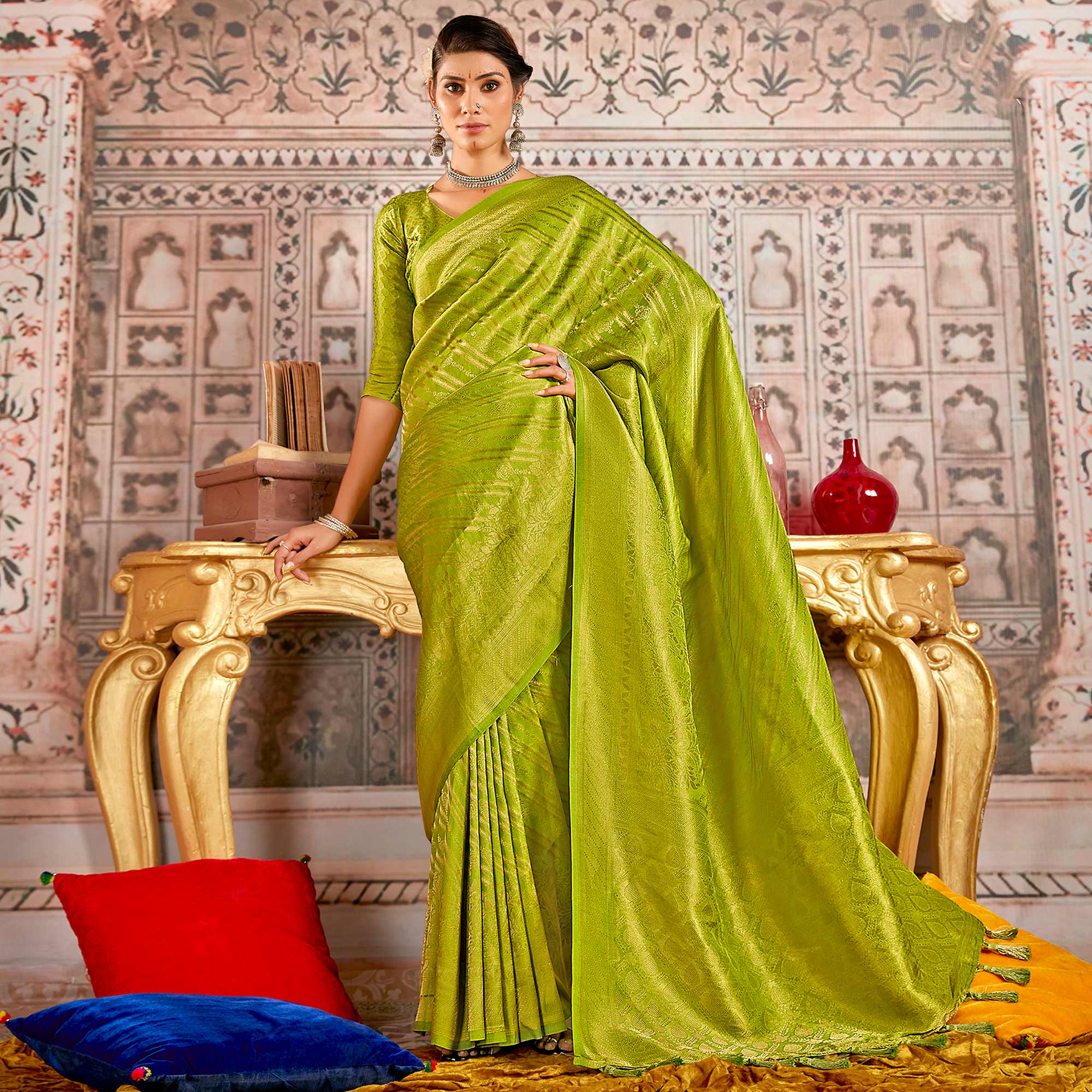 Green Floral Woven Art Silk Saree