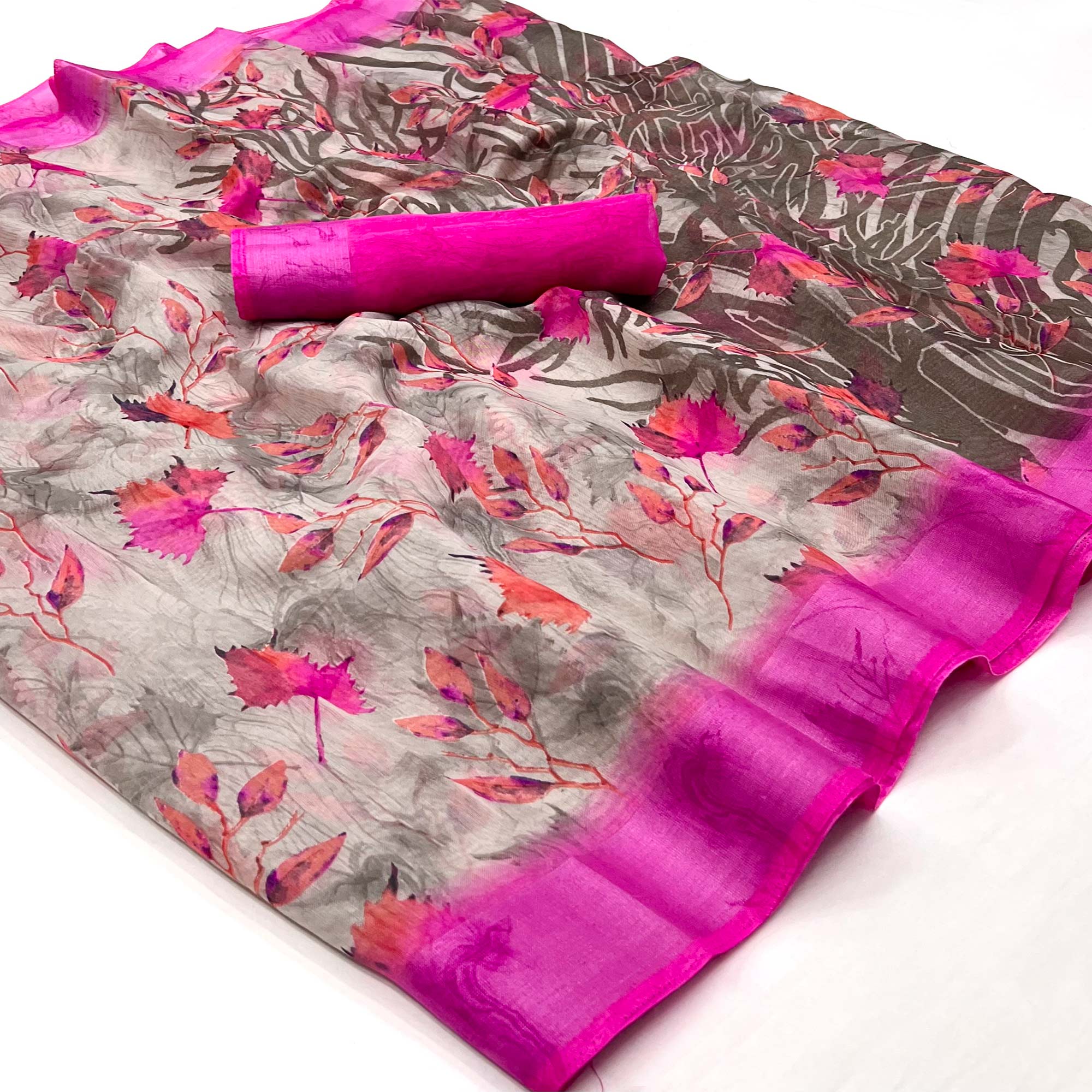 Grey Floral Printed Linen Saree