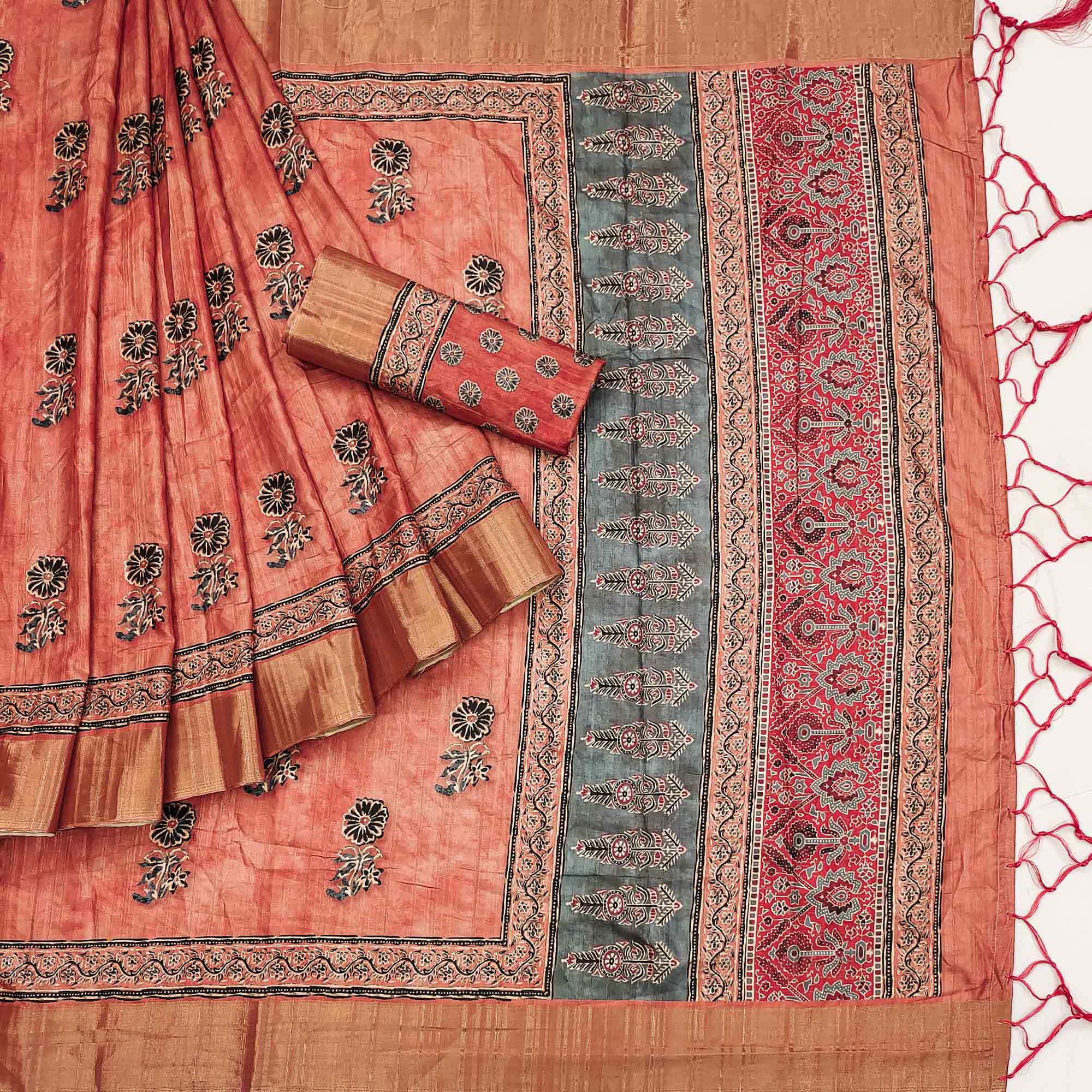 Orange Floral Printed Matka Tussar Saree With Tassels