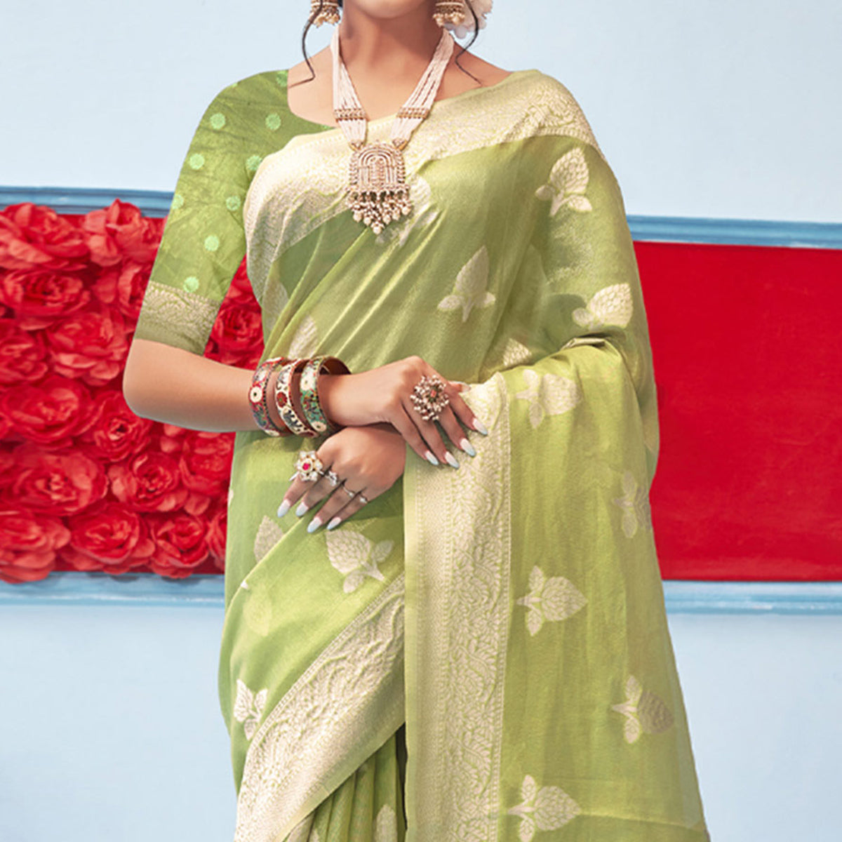 Green Woven Cotton Blend Saree