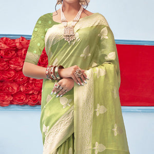 Green Woven Cotton Blend Saree