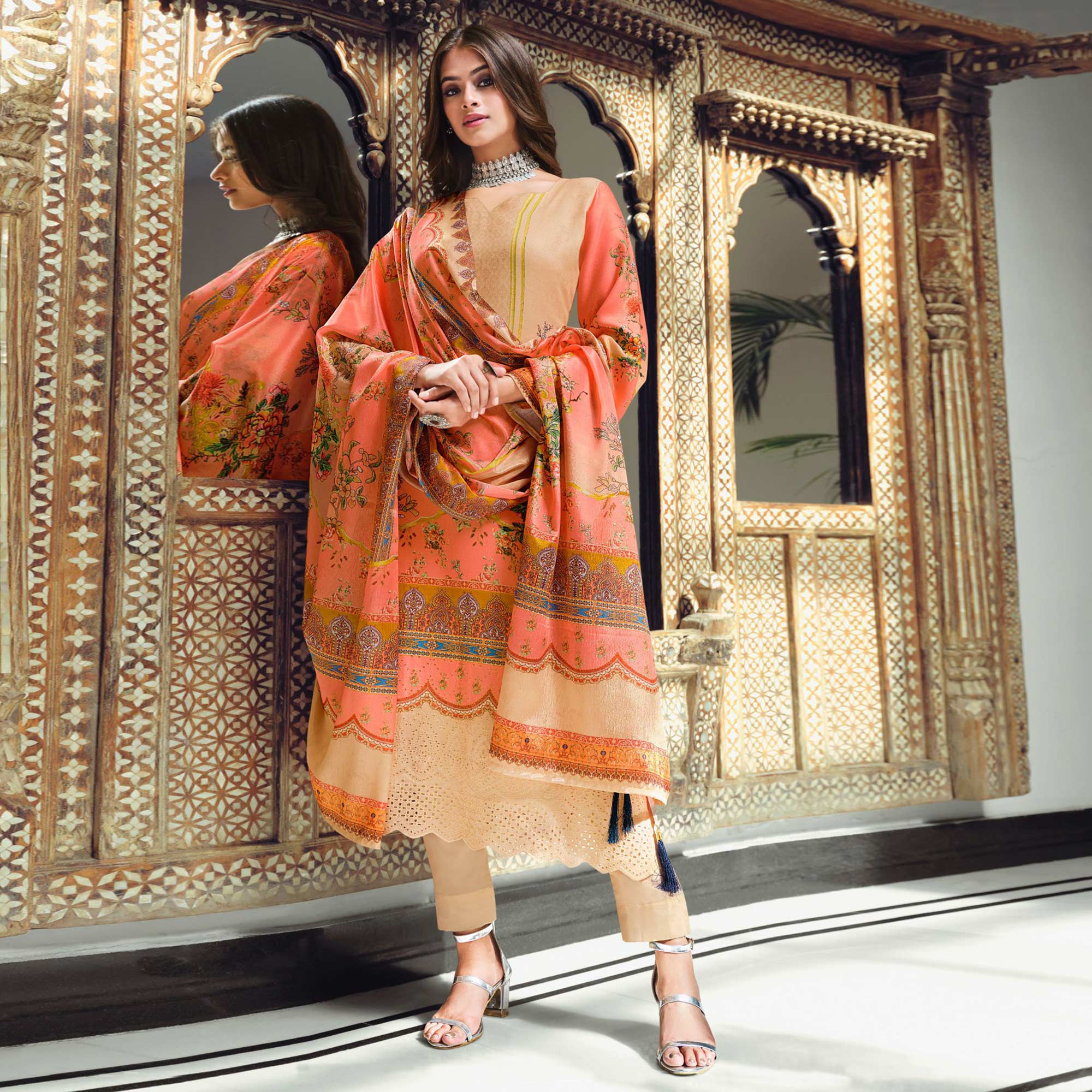 Peach And Beige Digital Printed With Daman Embroidered Pure Cotton Pakistani Suit