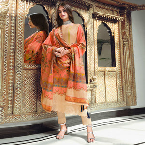 Peach And Beige Digital Printed With Daman Embroidered Pure Cotton Pakistani Suit