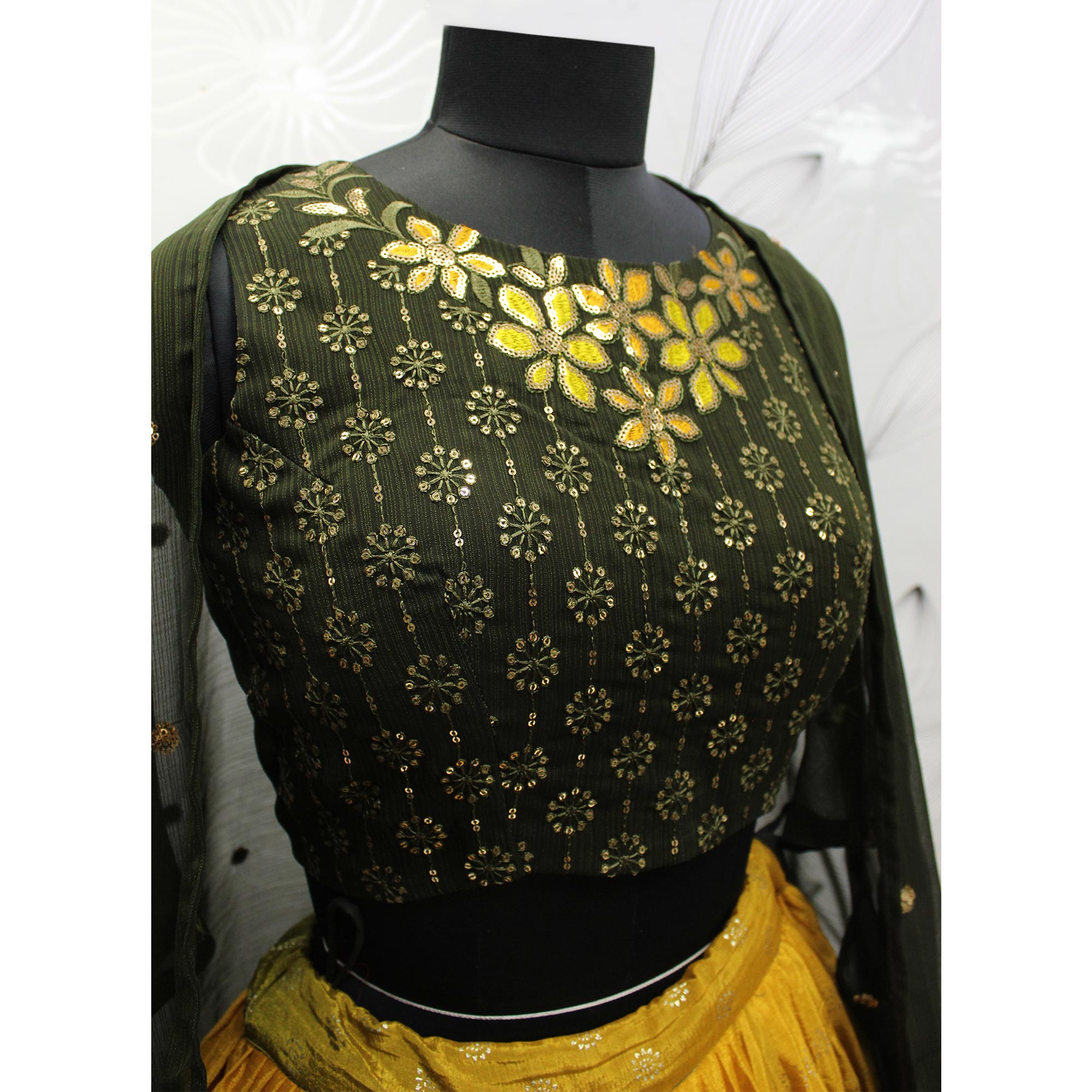 Mustard & Olive Foil Printed Chiffon Lehenga Choli