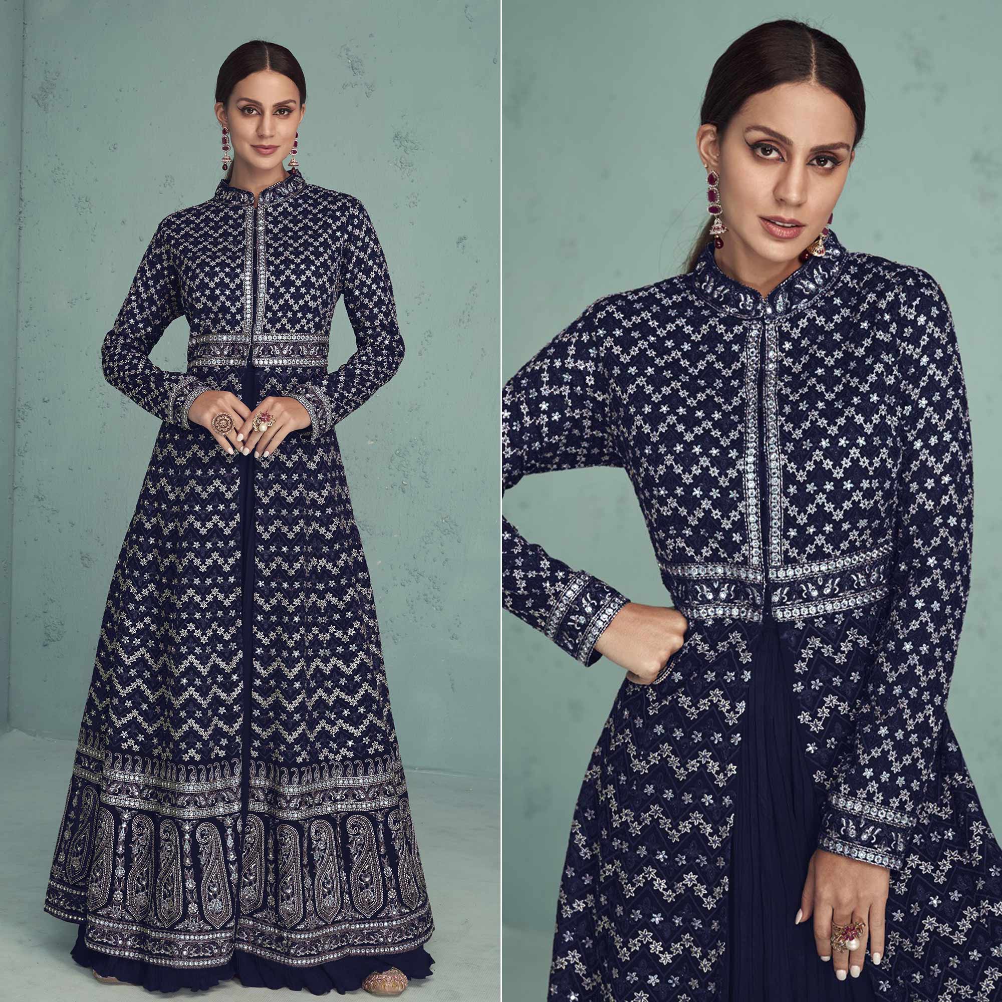 Blue Floral Embroidered Georgette Front Slit Suit