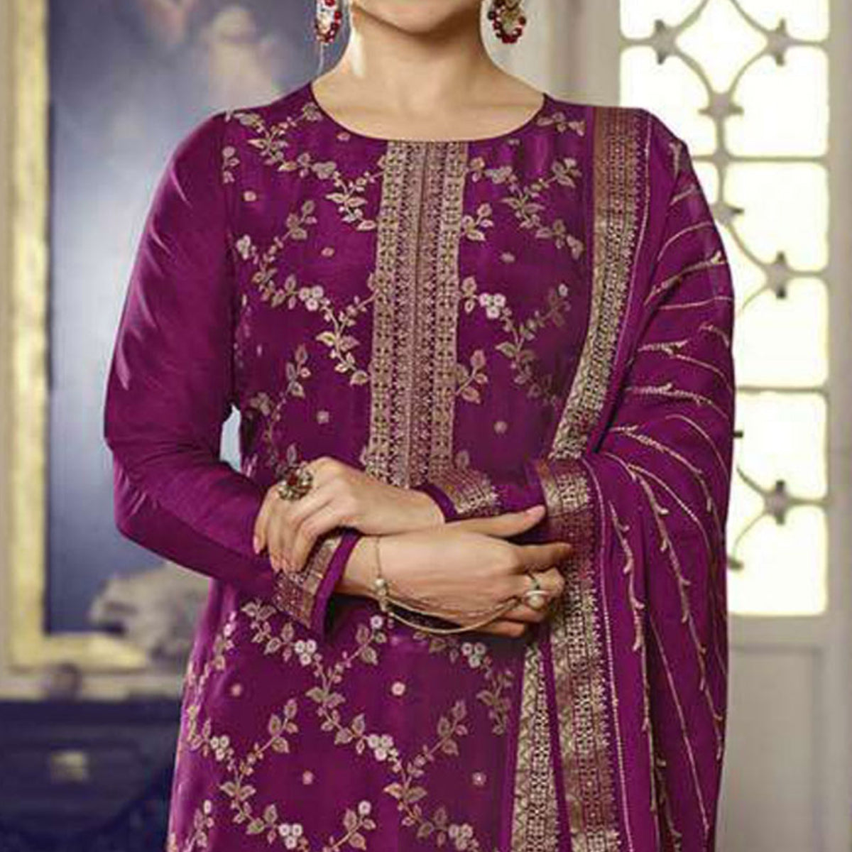 Purple Embroidered Dola Silk Palazzo Suit