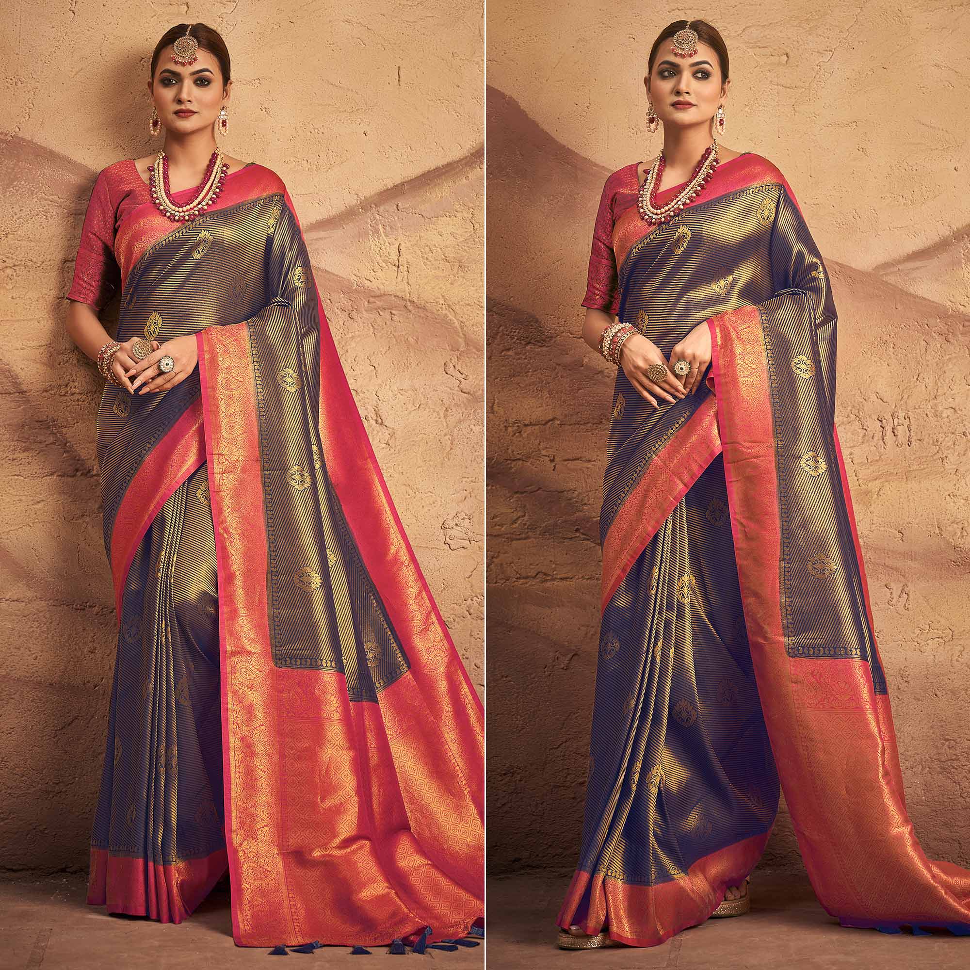 Navy Blue Woven Art Silk Saree With Tassels