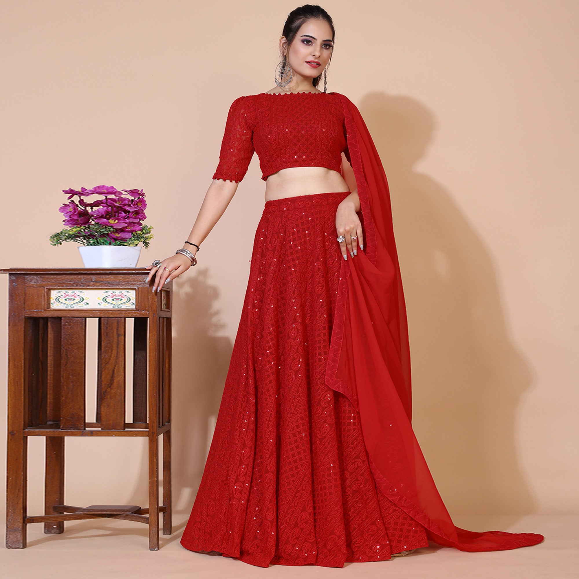 Red Lucknowi Chikankari Work Georgette Lehenga Choli