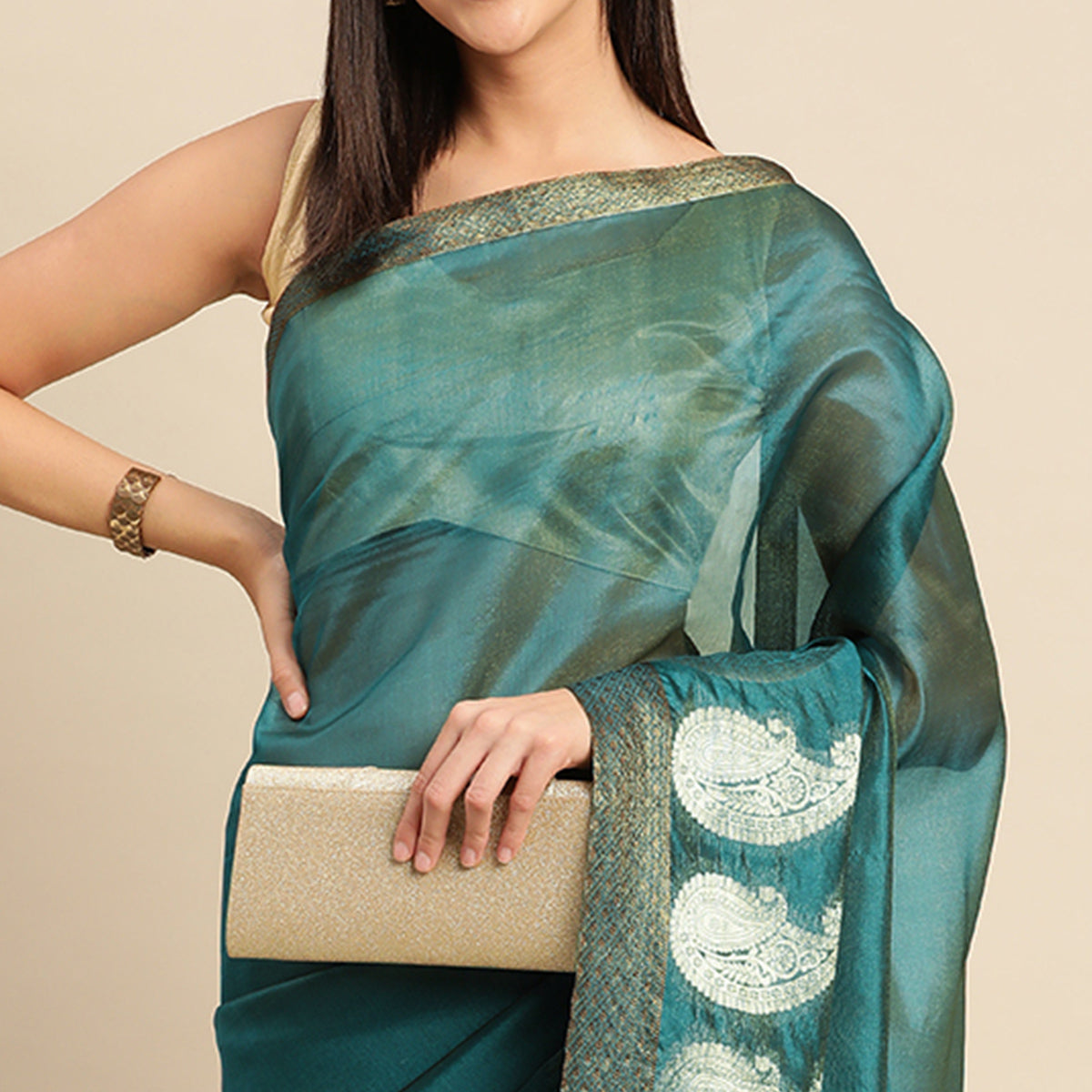 Petrol Blue Woven Organza Saree