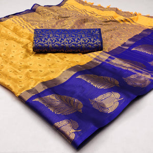 Dusty Yellow Woven Cotton Silk Saree With Tassels
