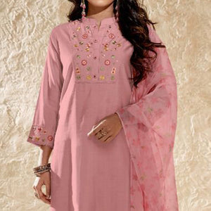 Pink Floral Embroidered Viscose Suit