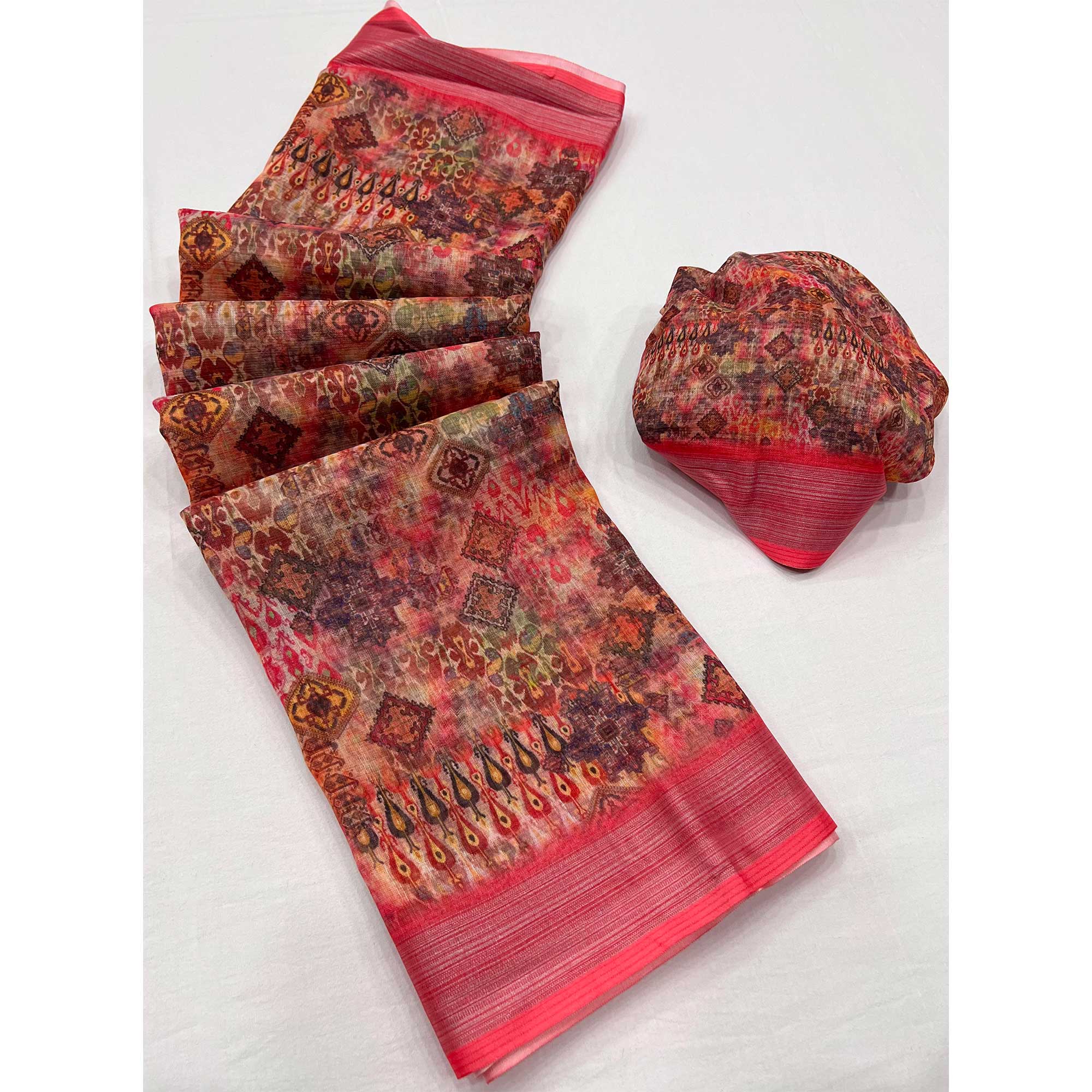 Multicolored Digital Printed Linen Saree