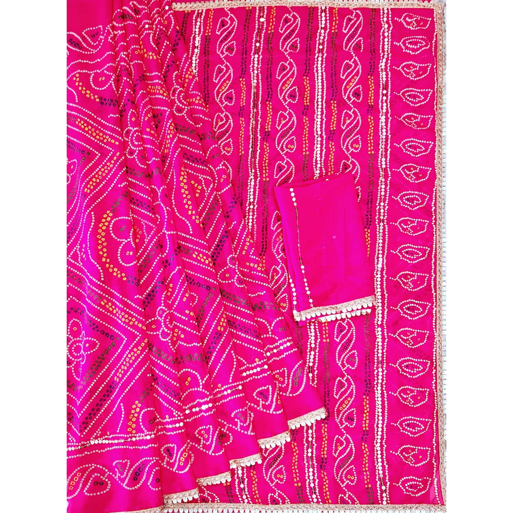 Pink Bandhani Printed With Sequins Work Georgette Saree