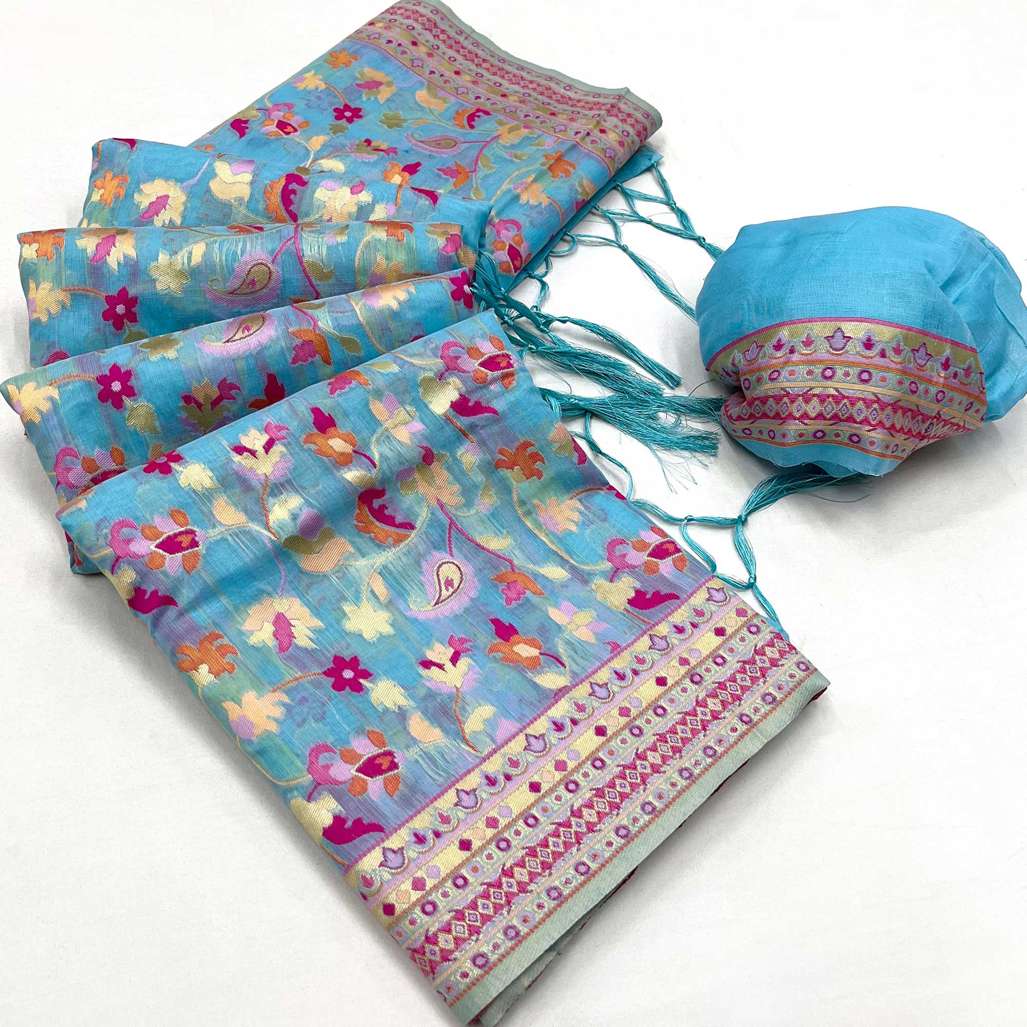 Blue Floral Woven Chanderi Saree