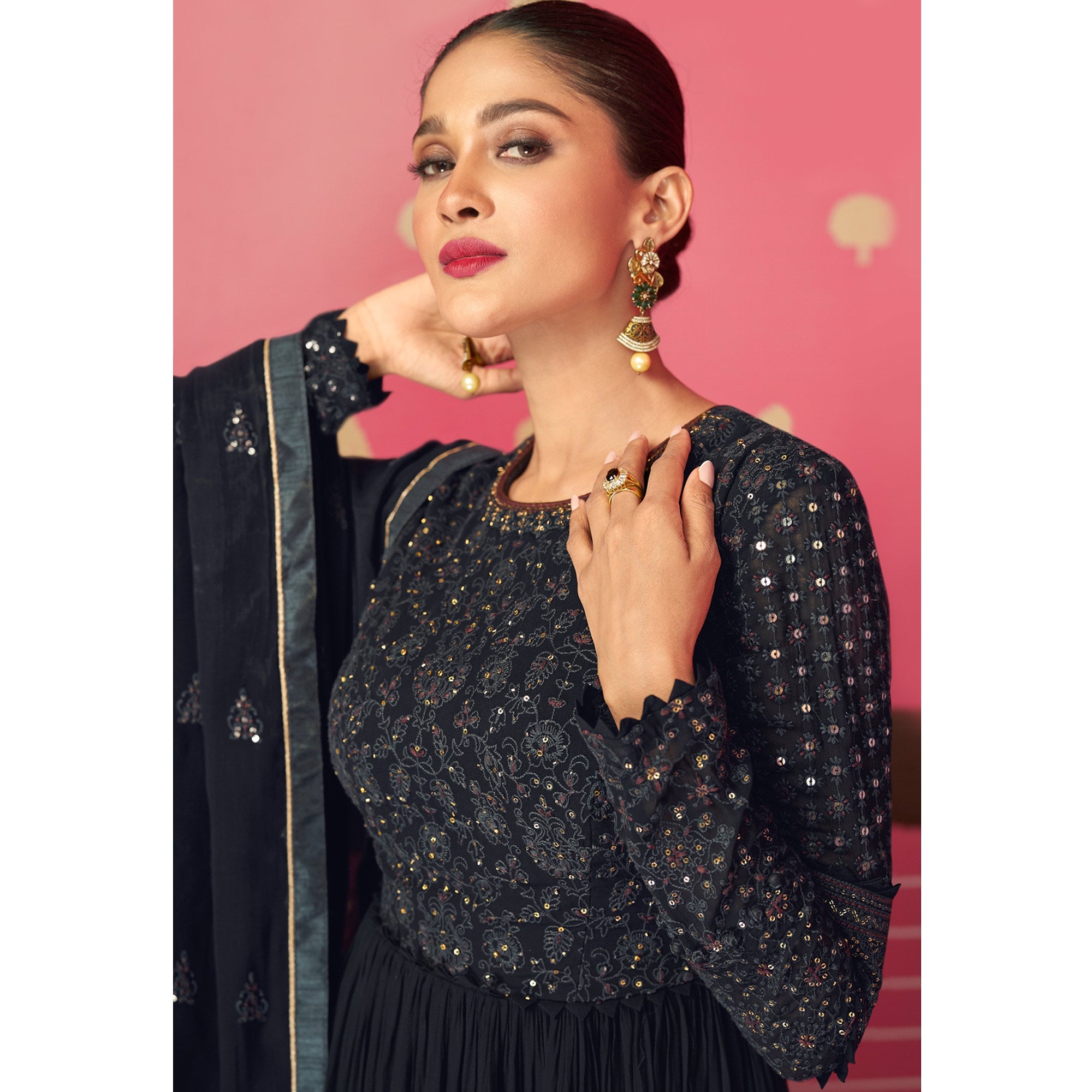 Black Sequins Embroidered Georgette Gown