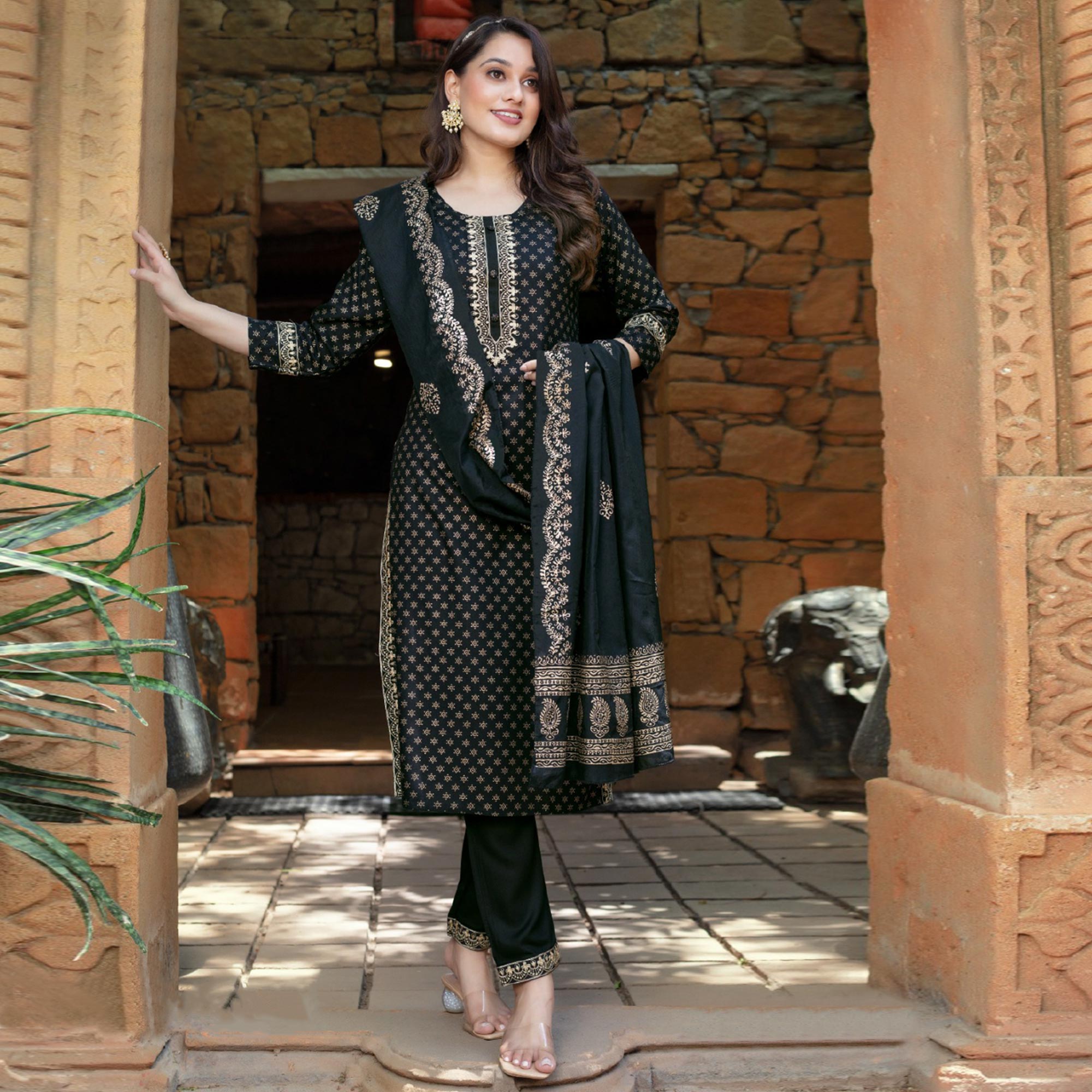 Black Printed Rayon Salwar Suit