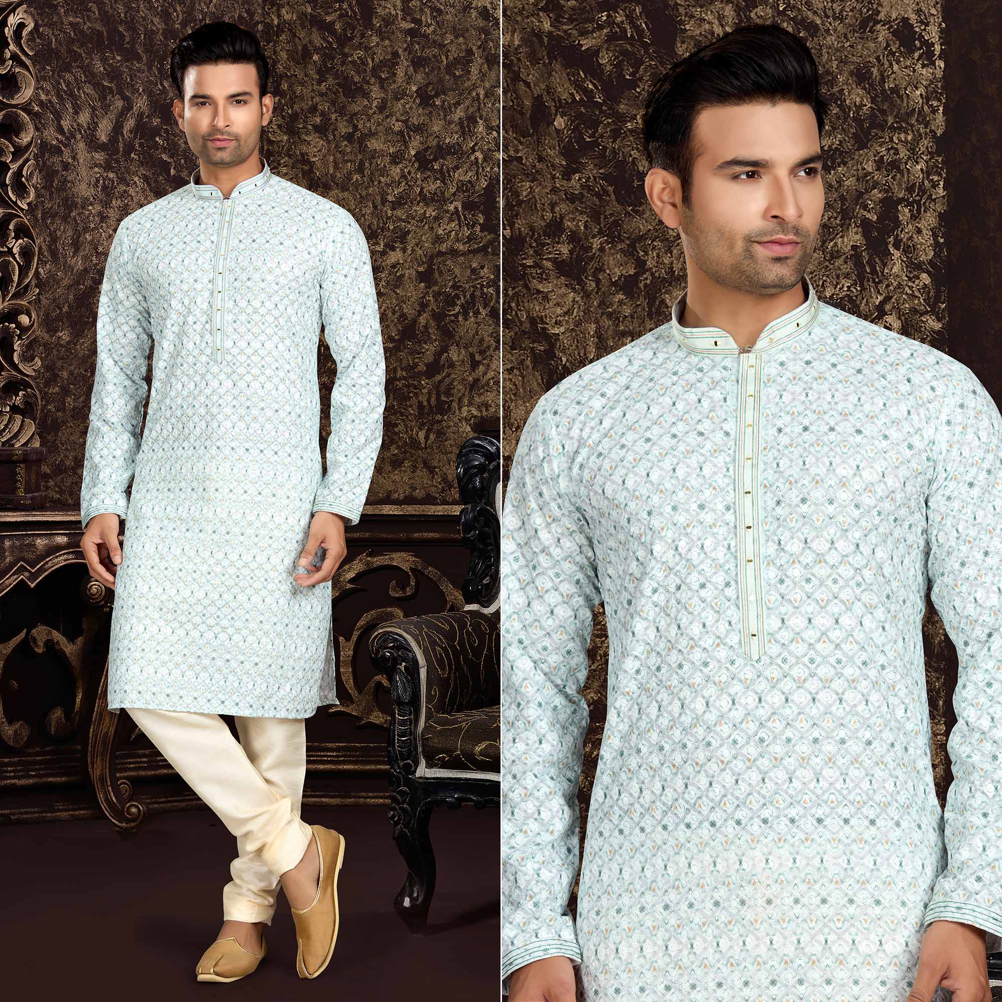 White Lucknowi And Digital Printed Cotton Kurta Pyjama Set