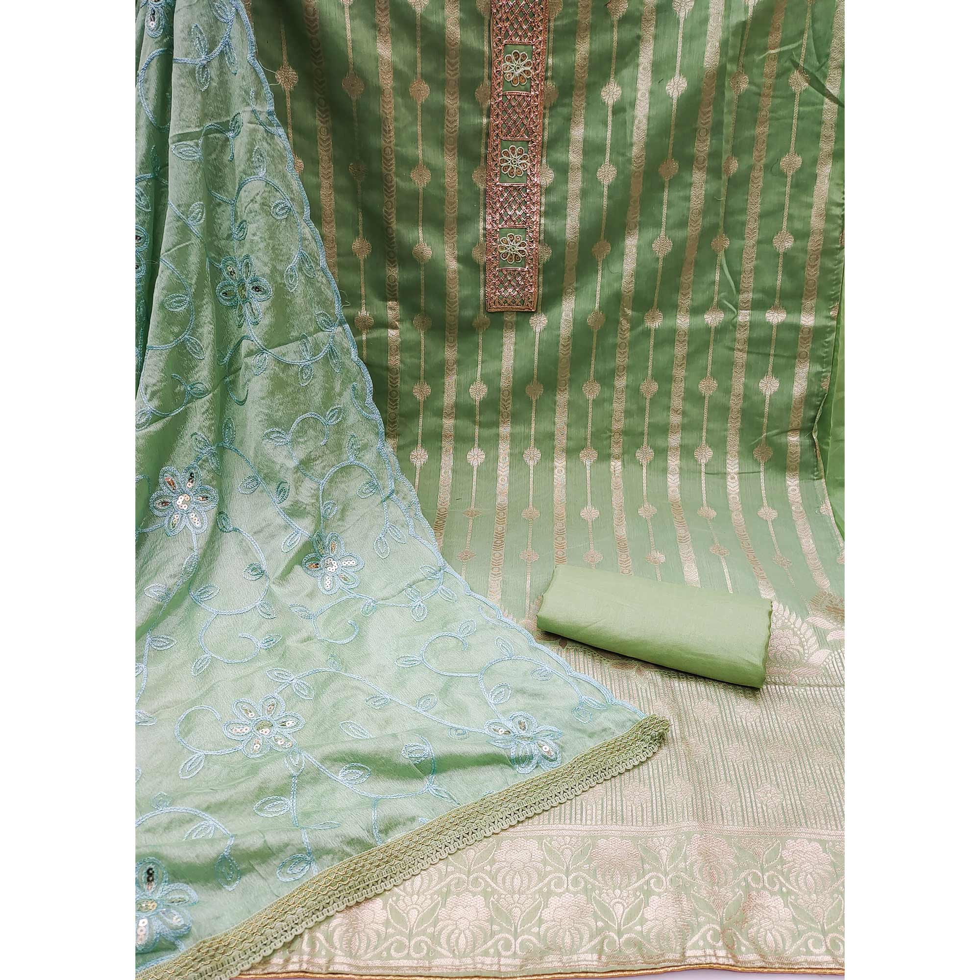 Green Woven Banarasi Silk Dress Material