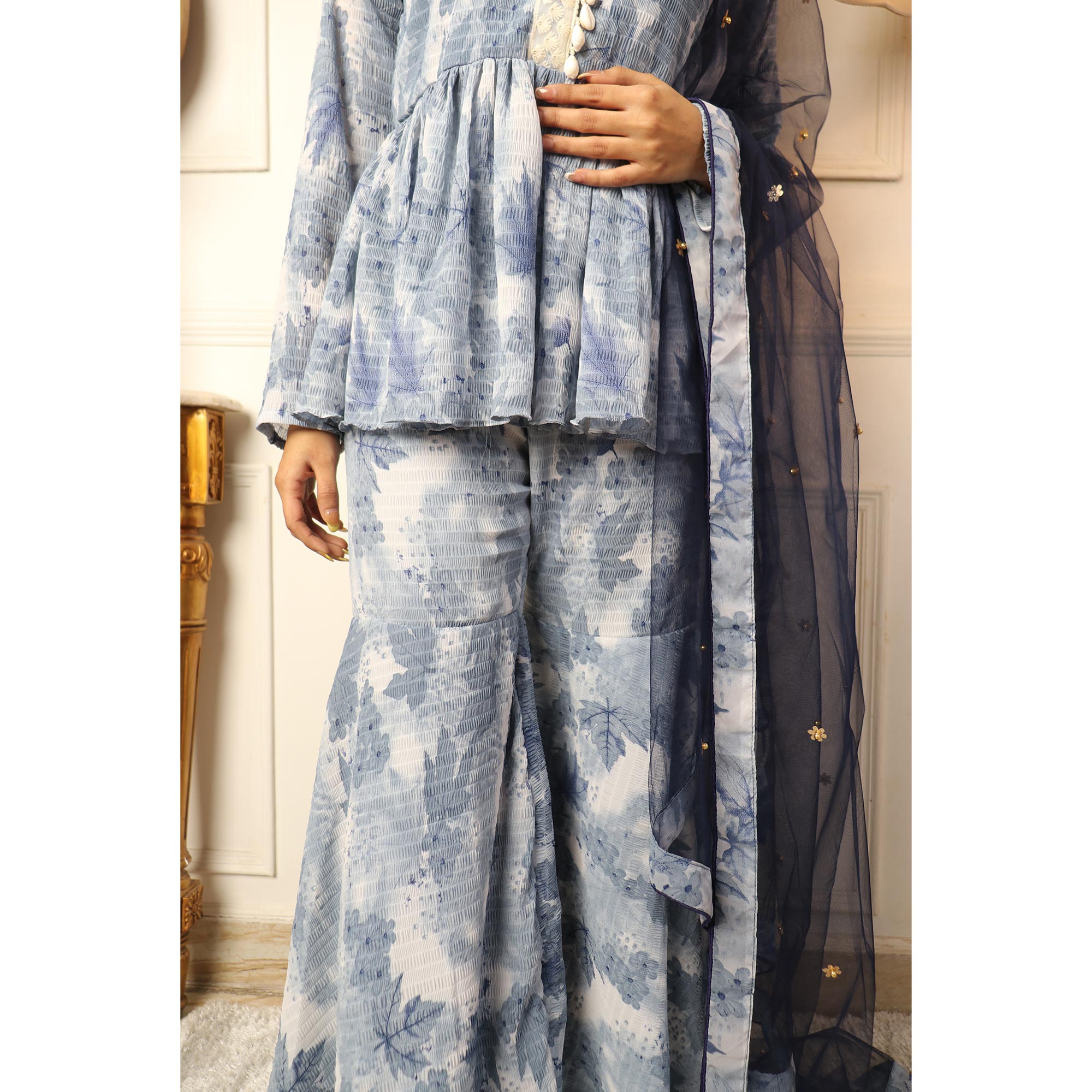 Grey Floral Printed Georgette Sharara Suit