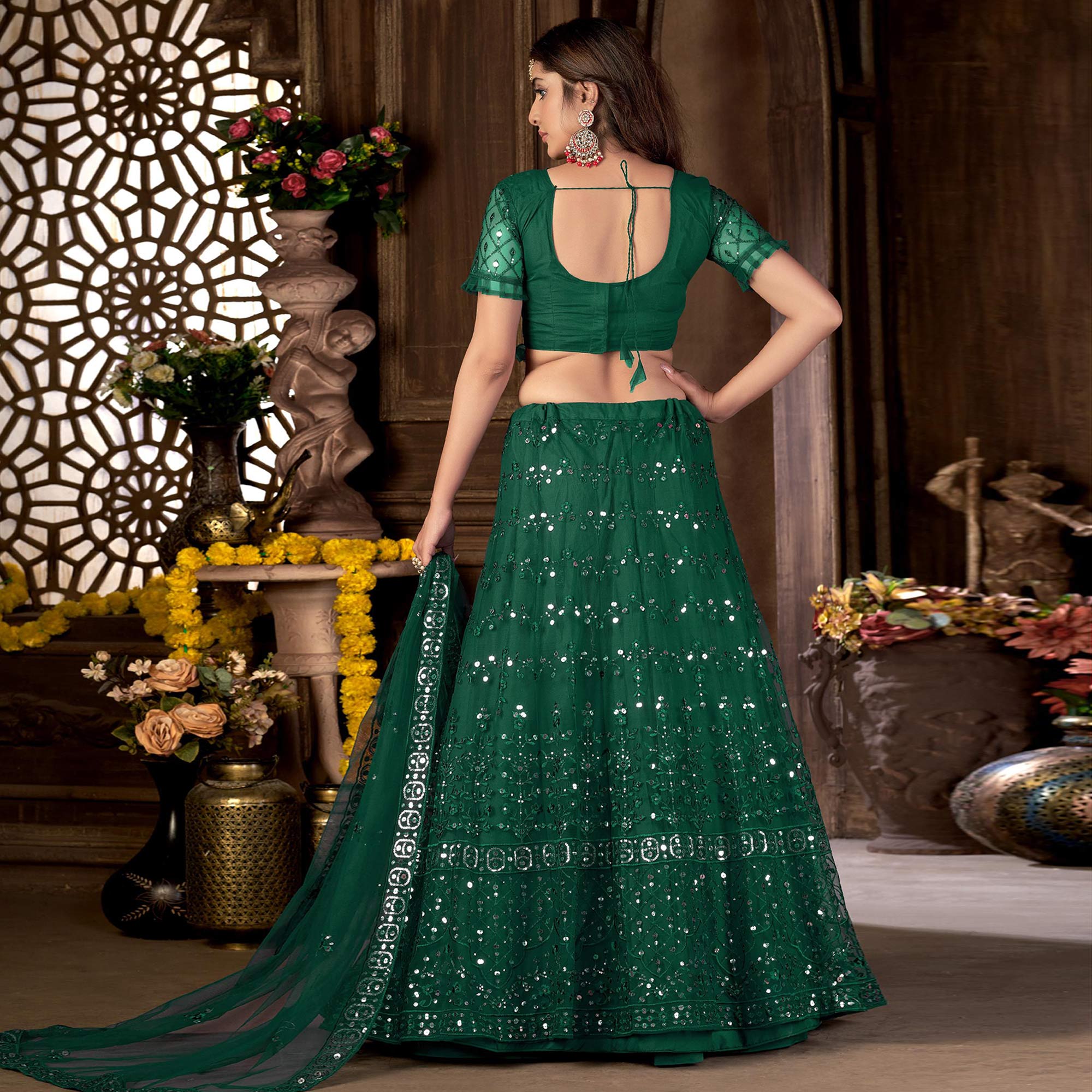 Green Sequins Embroidered Net Lehenga Choli