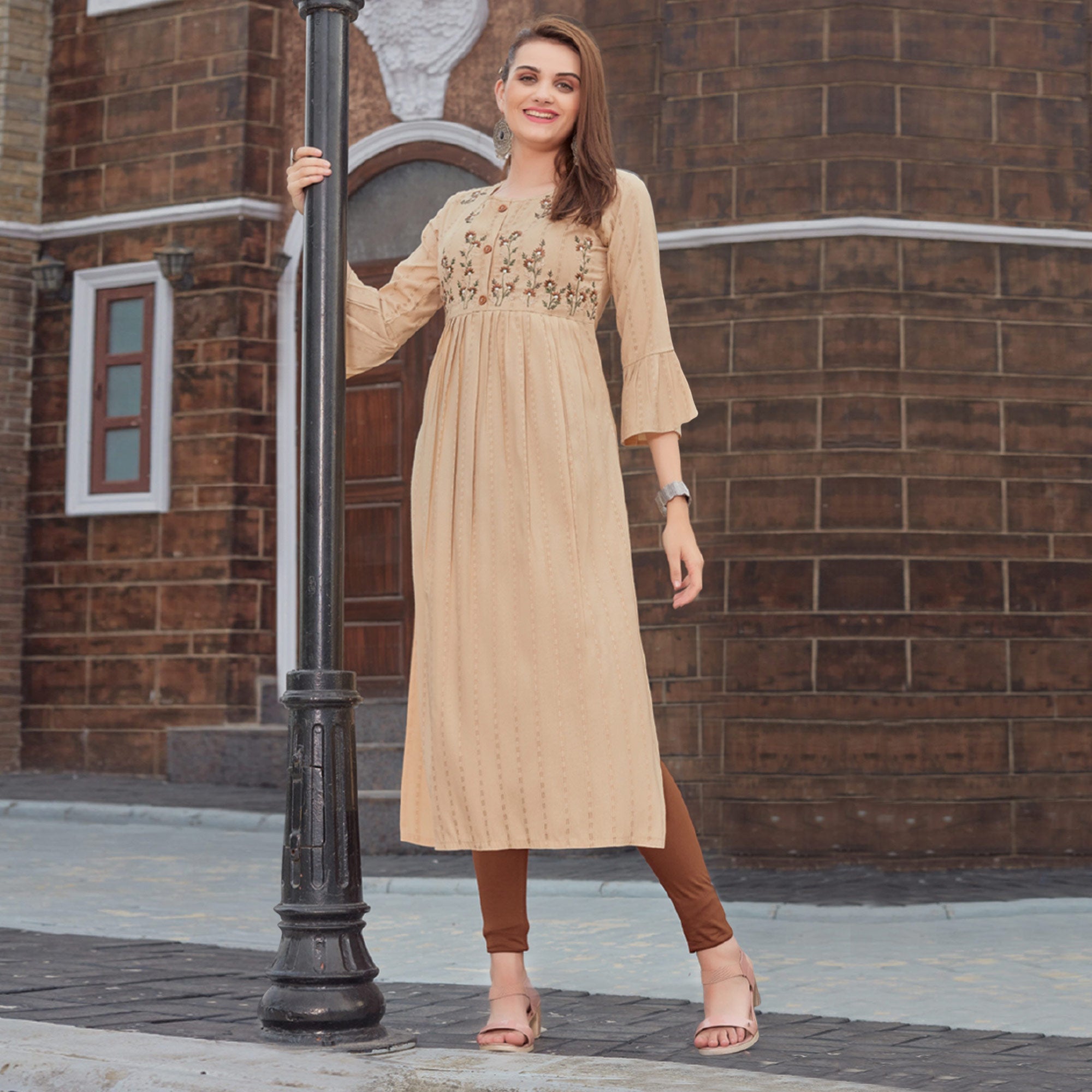 Light Brown Floral Embroidered Rayon Naira Cut Kurti